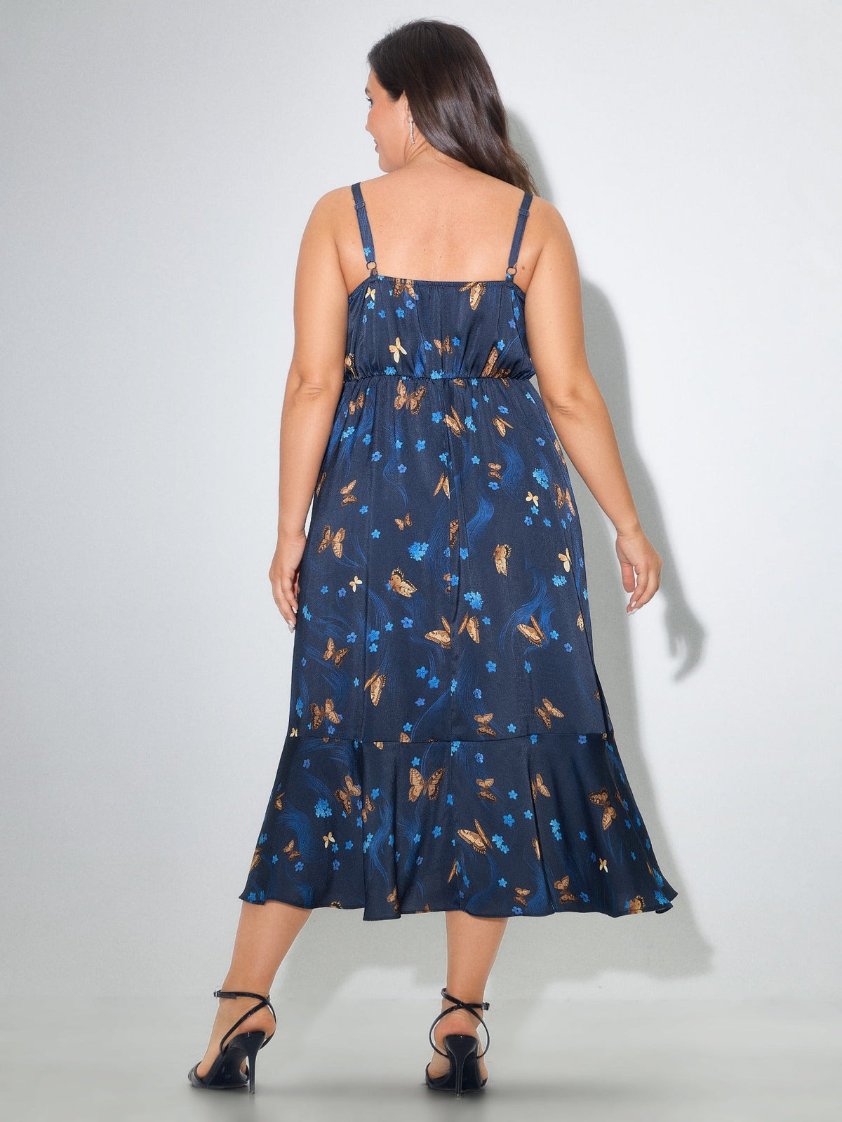 Butterfly Print Ruffle High-Low Hem Midi Dress