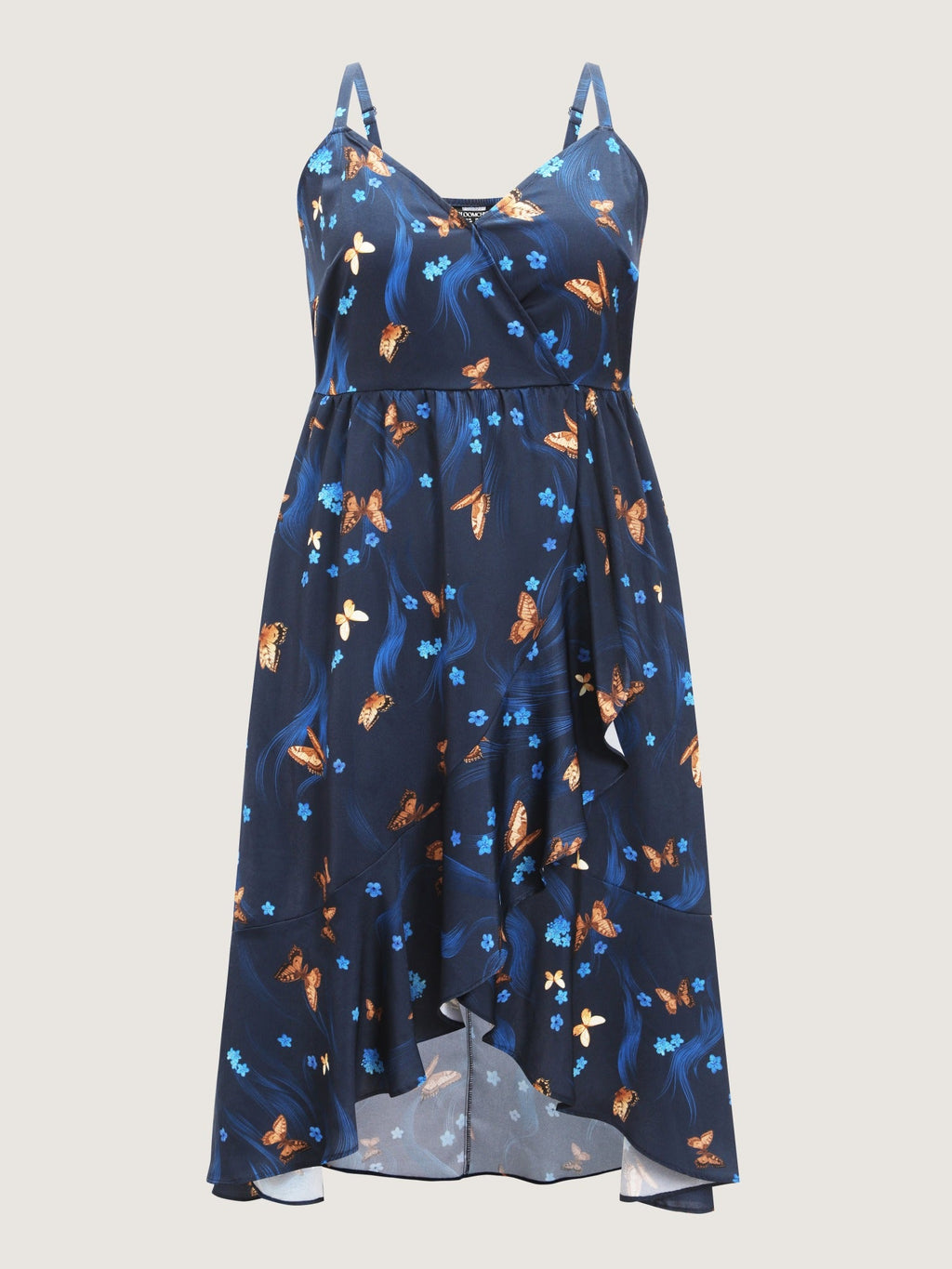 Butterfly Print Ruffle High-Low Hem Midi Dress