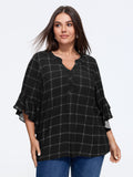 Plaid Notched Neck Ruffle Sleeve Blouse