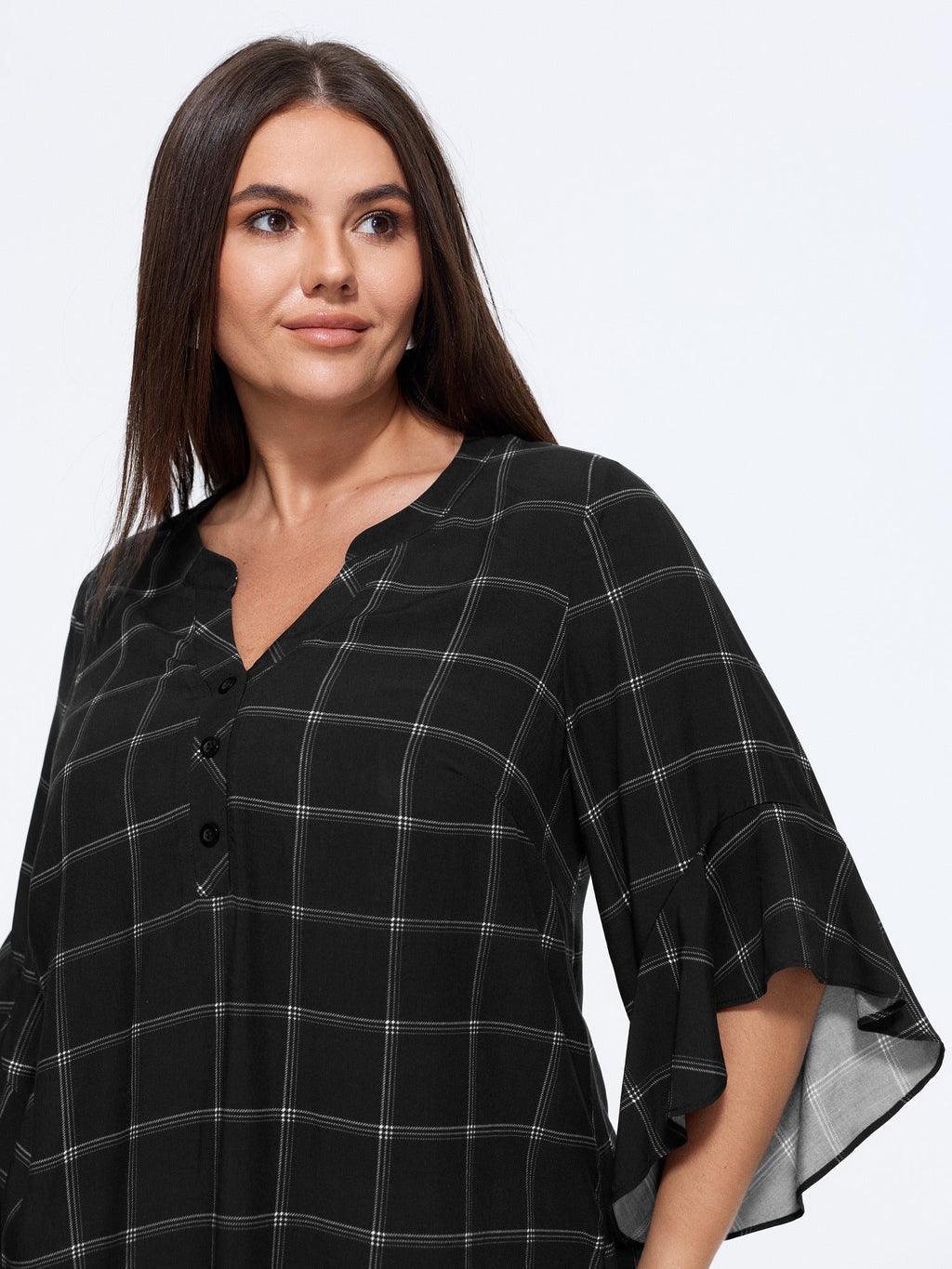 Plaid Notched Neck Ruffle Sleeve Blouse