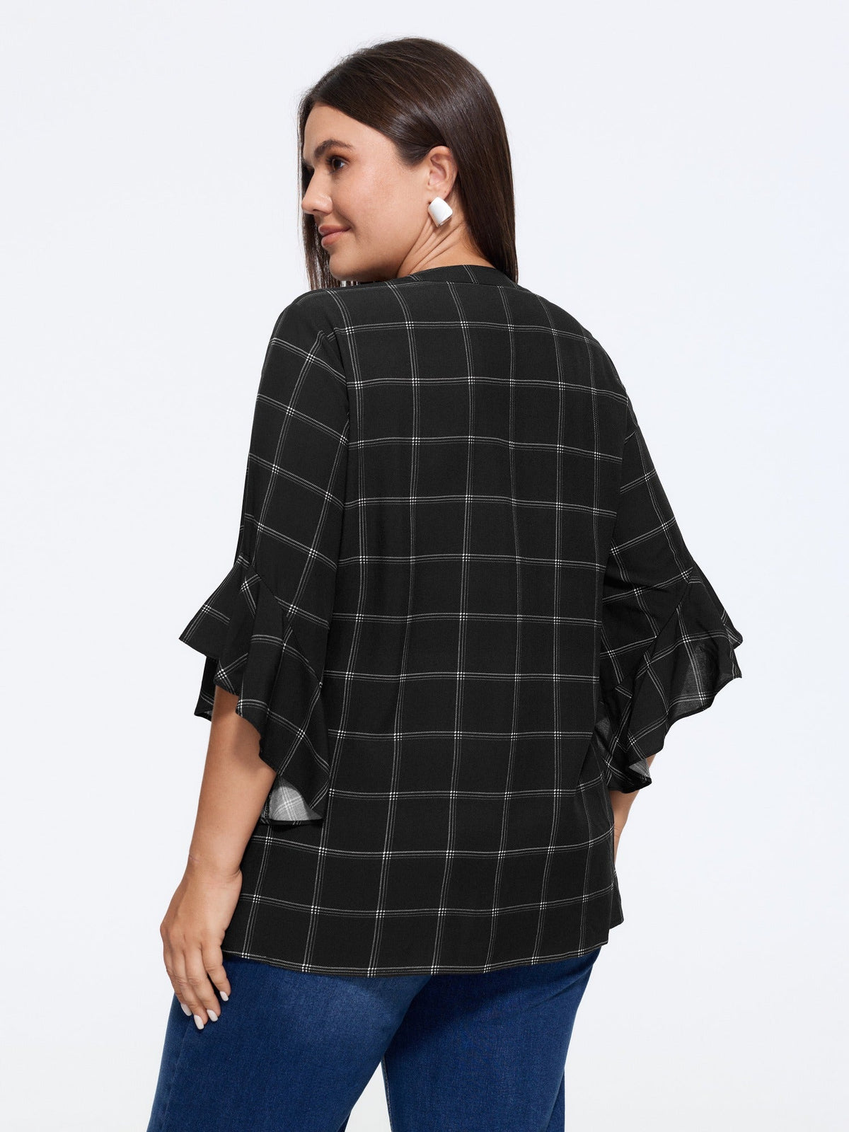 Plaid Notched Neck Ruffle Sleeve Blouse