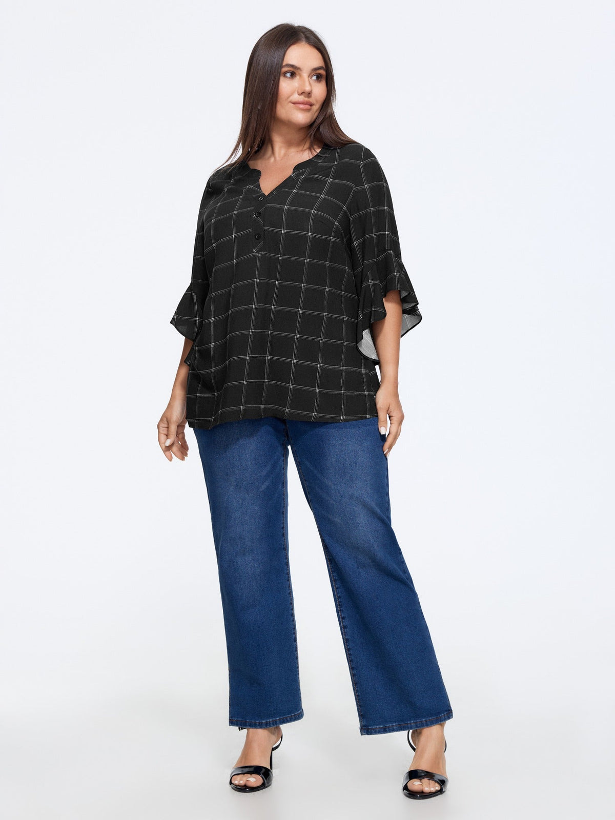 Plaid Notched Neck Ruffle Sleeve Blouse