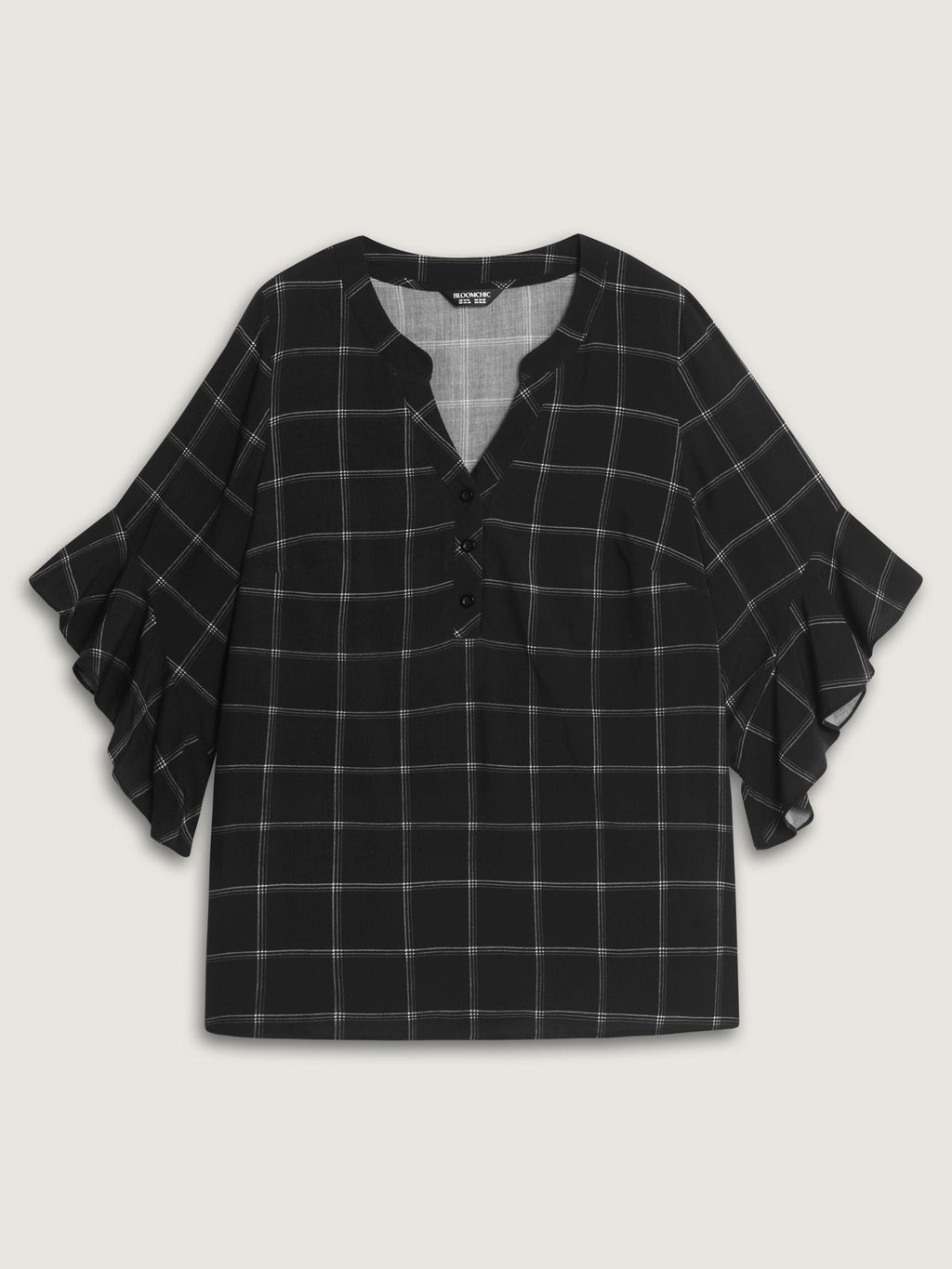 Plaid Notched Neck Ruffle Sleeve Blouse