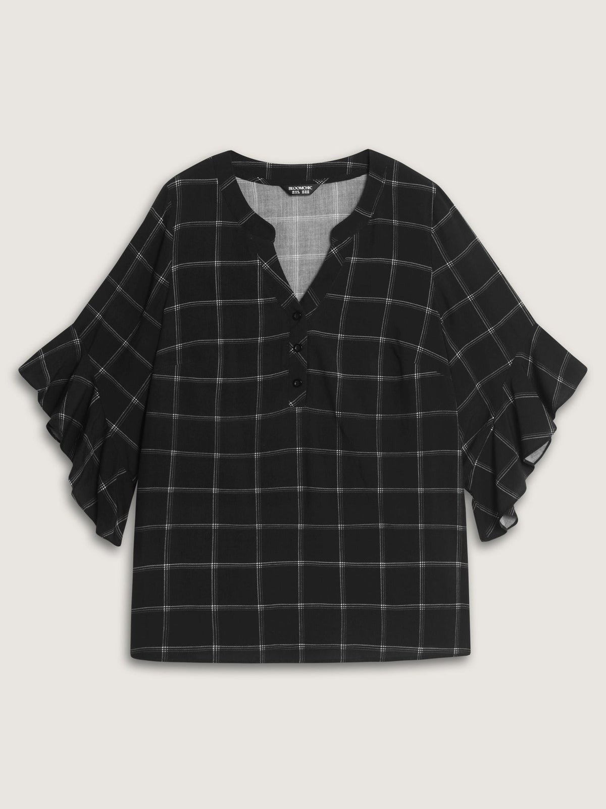 Plaid Notched Neck Ruffle Sleeve Blouse