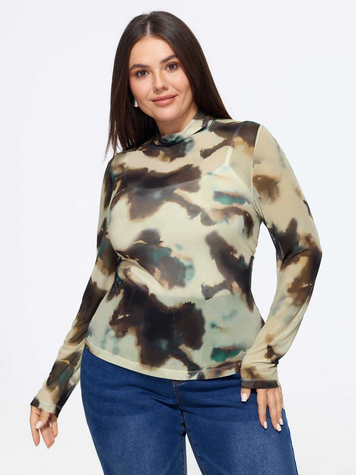 Stretch Mesh Mock Neck Long Sleeve Top