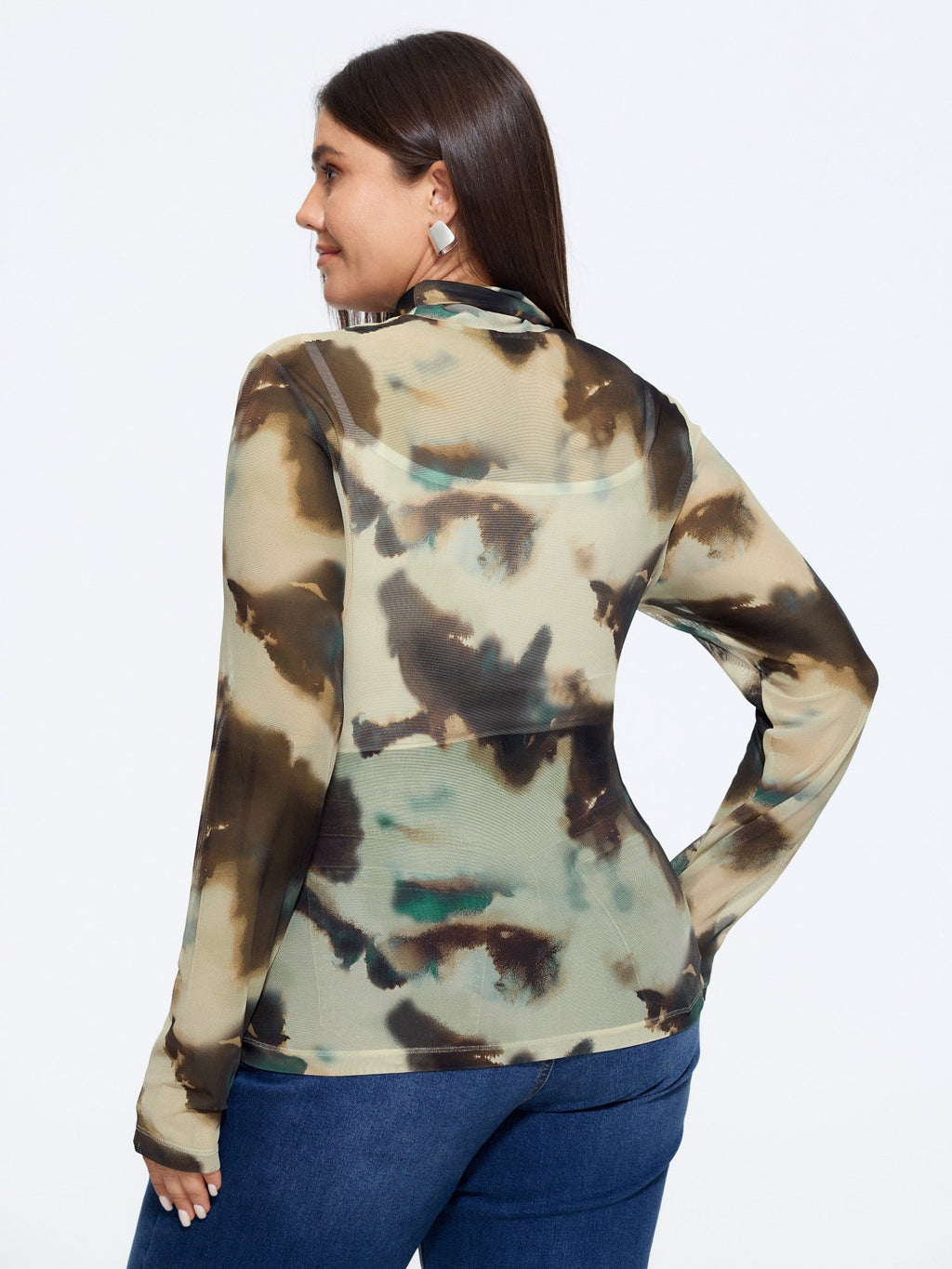 Stretch Mesh Mock Neck Long Sleeve Top