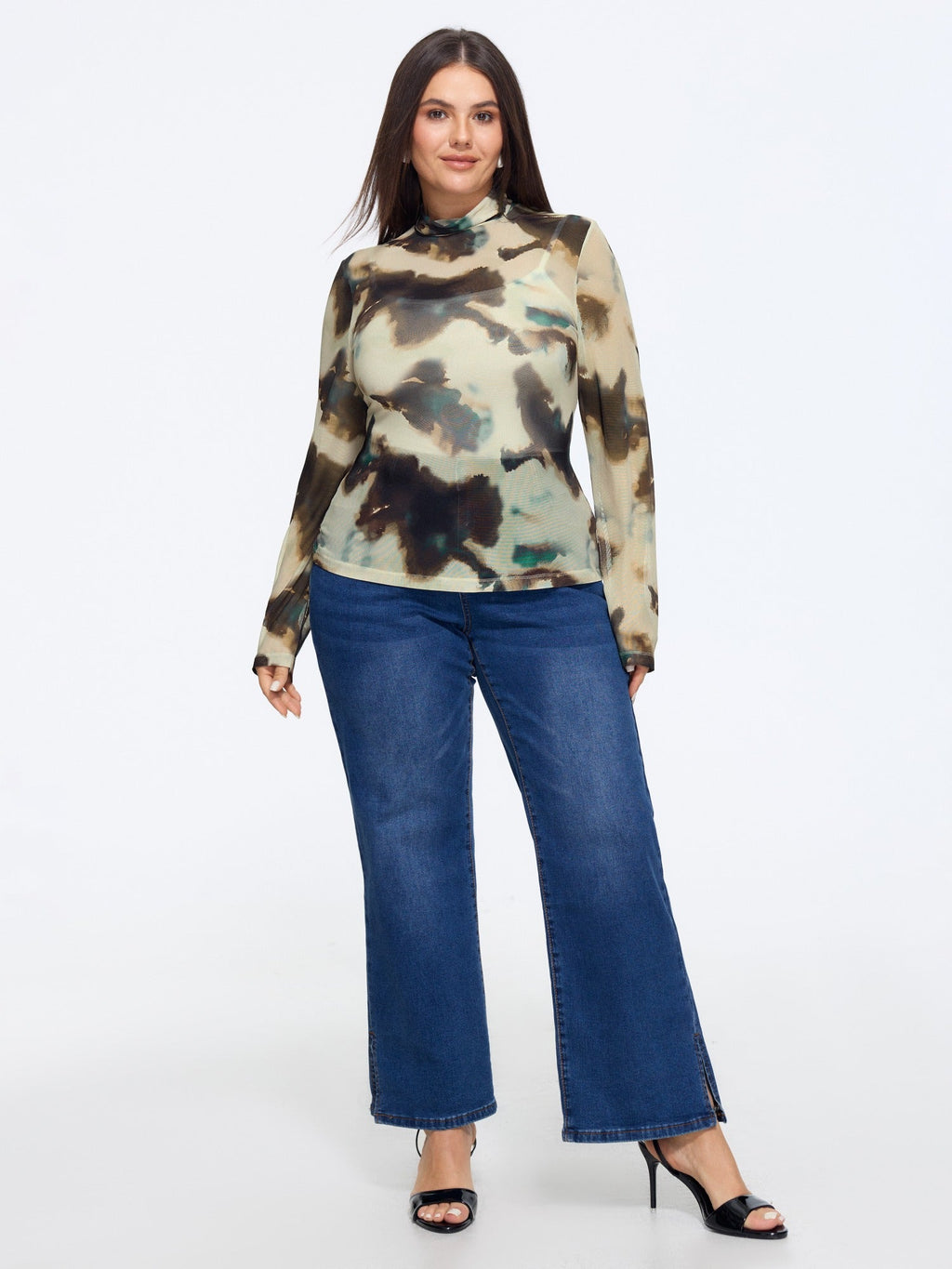Stretch Mesh Mock Neck Long Sleeve Top