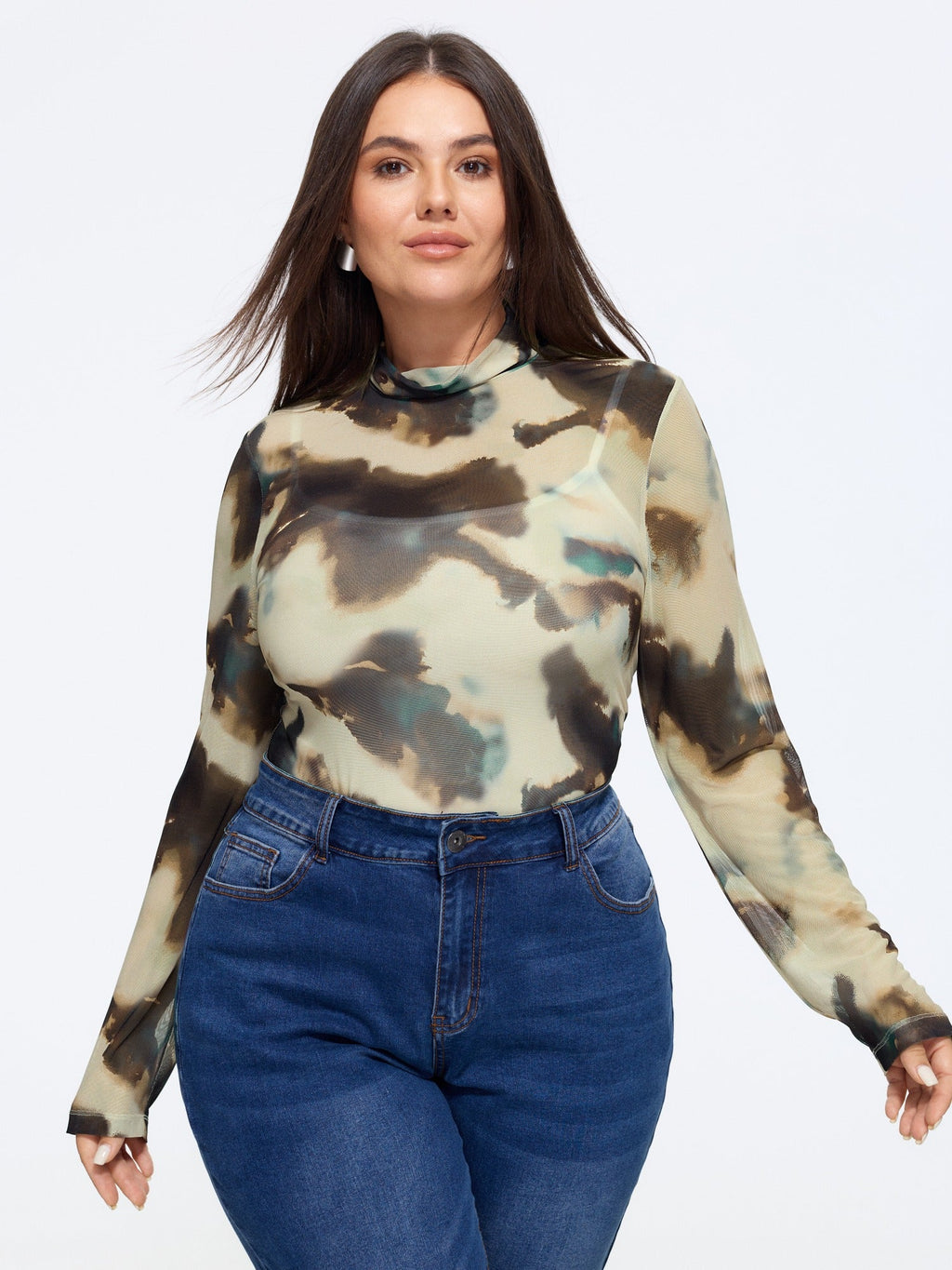 Stretch Mesh Mock Neck Long Sleeve Top