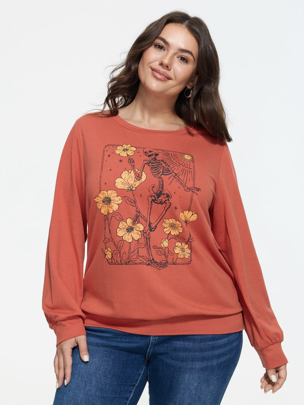 Vintage Skull Sunflower Print Crew Neck Sweatshirt