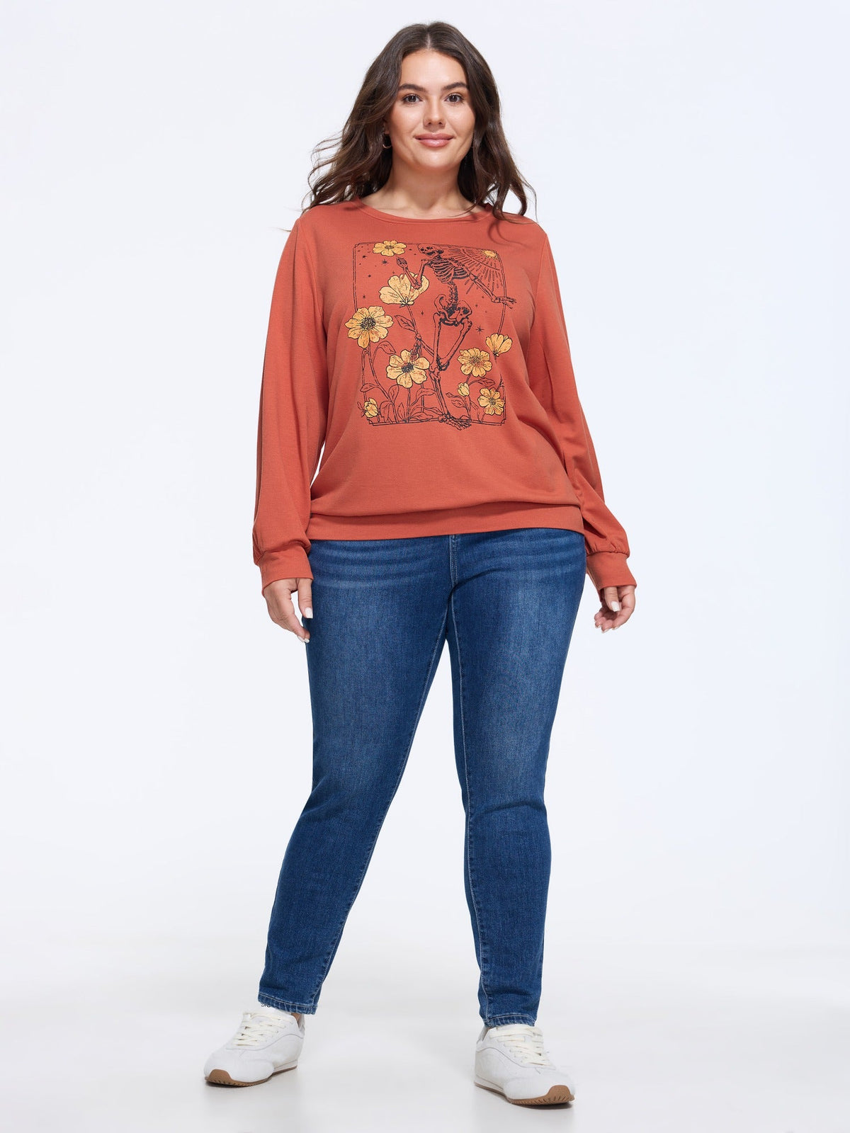Vintage Skull Sunflower Print Crew Neck Sweatshirt