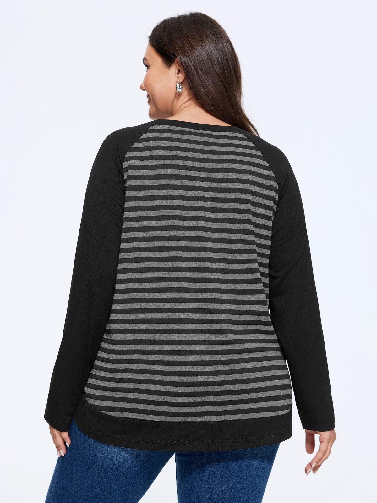 Stripe Contrast Crew Neck Curved Hem T-Shirt