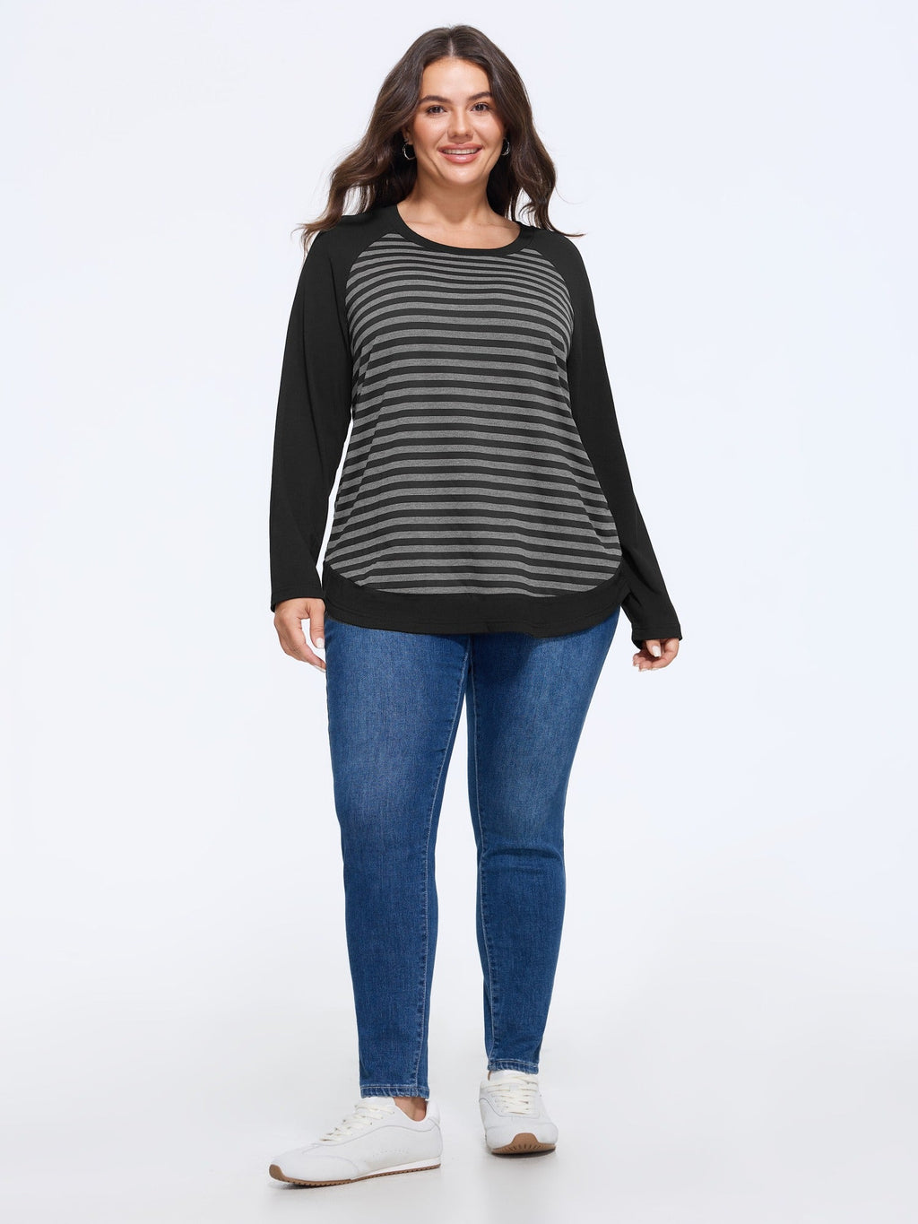 Stripe Contrast Crew Neck Curved Hem T-Shirt