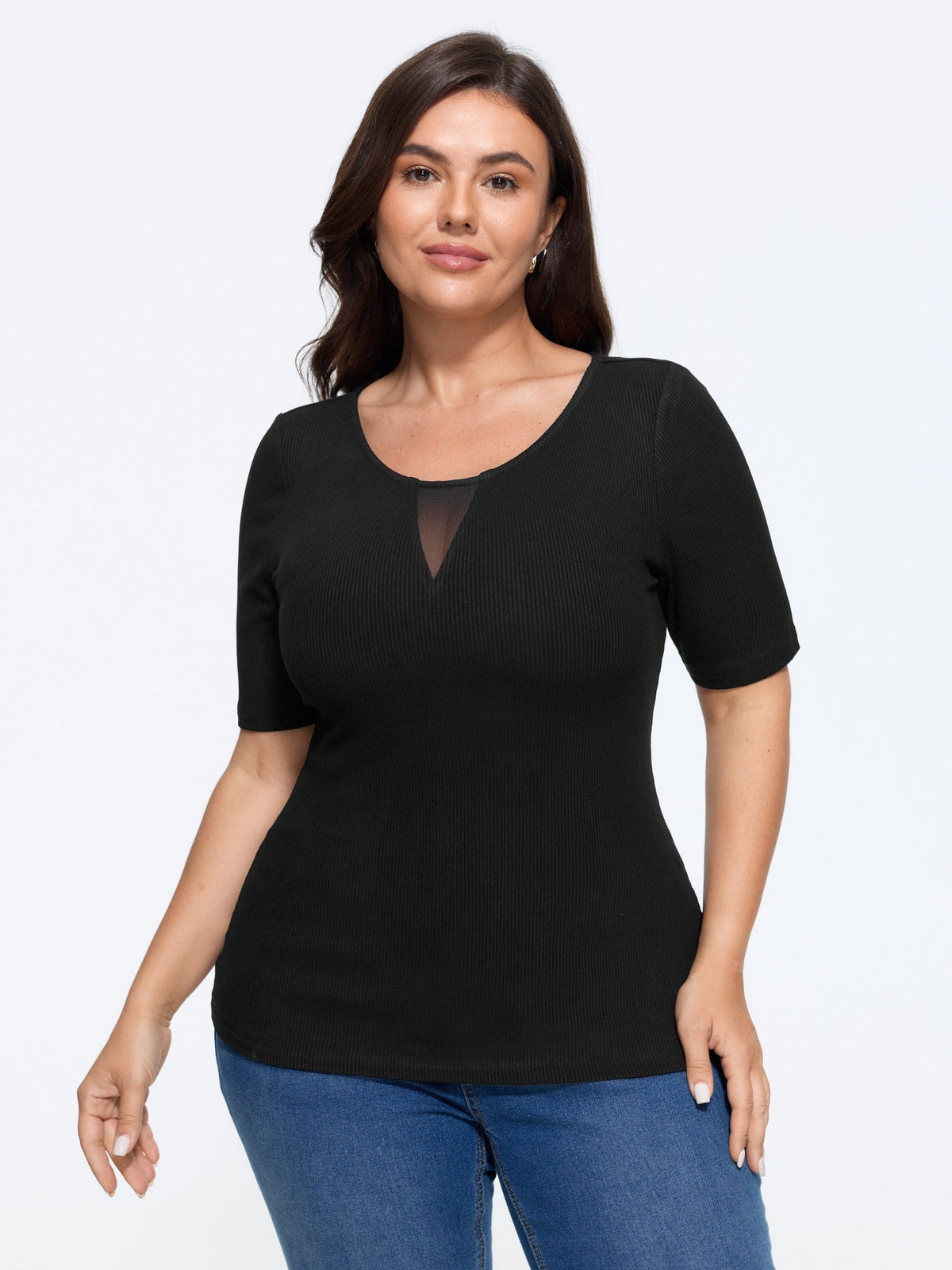 Stretchy Mesh Inset Round Neck Solid T-Shirt