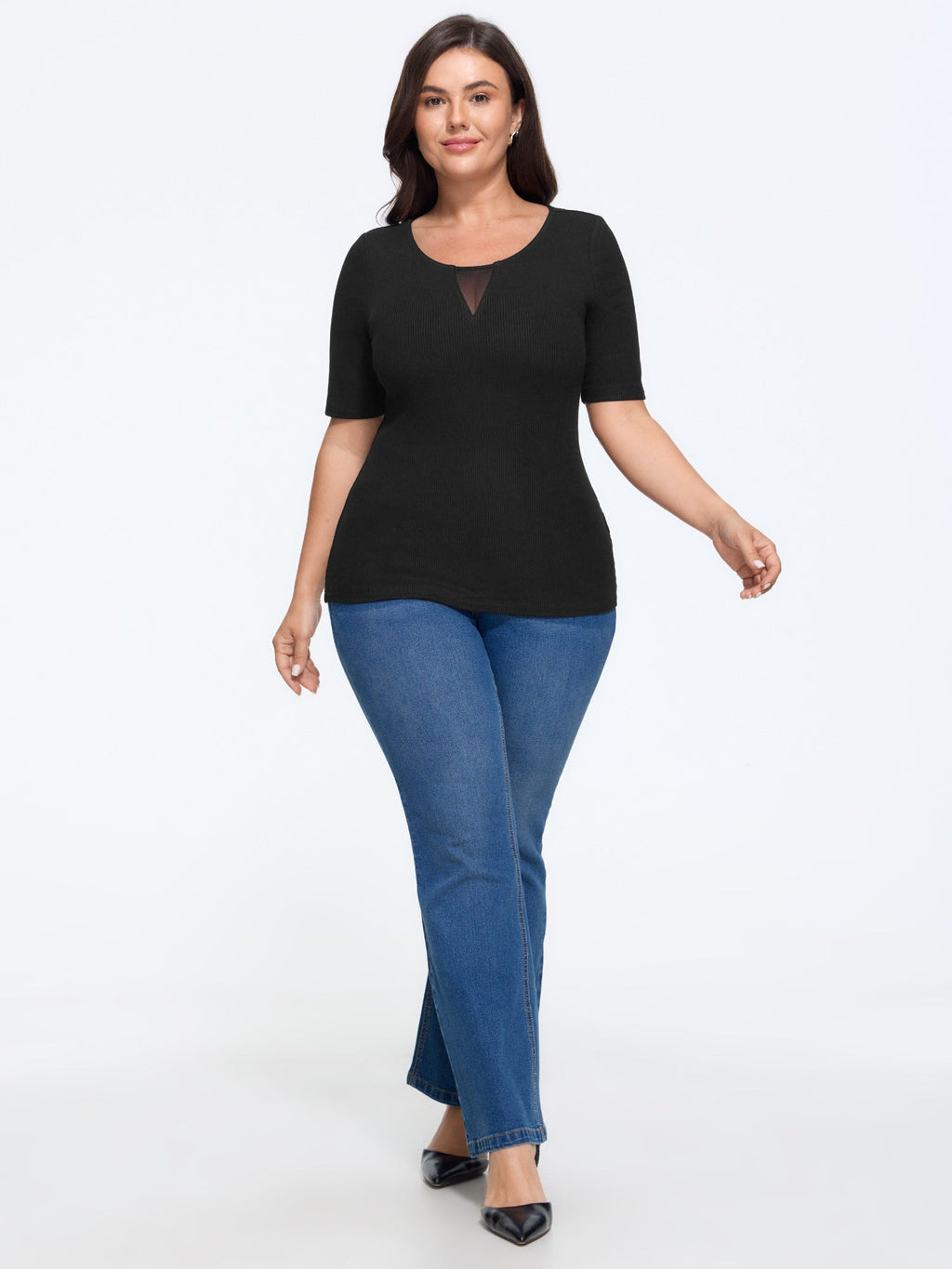 Stretchy Mesh Inset Round Neck Solid T-Shirt