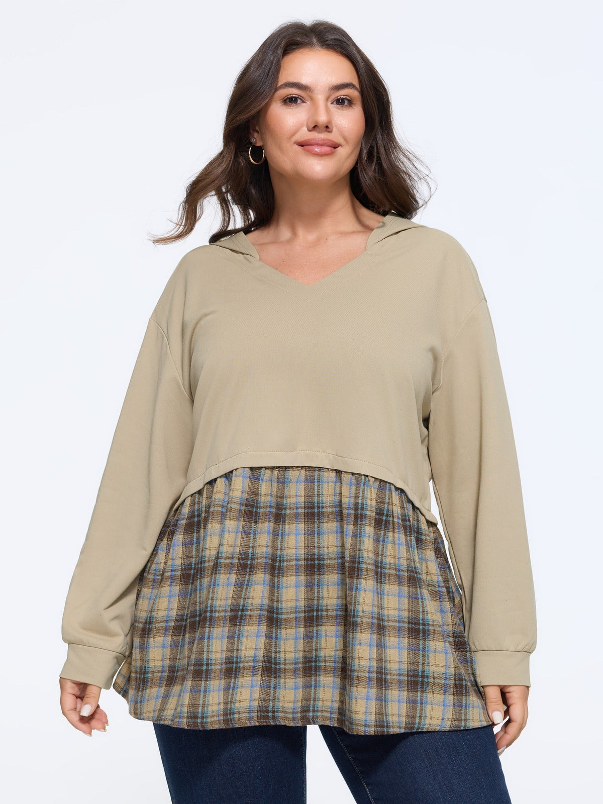 Color‑Block Plaid Patchwork Hooded Sweatshirt
