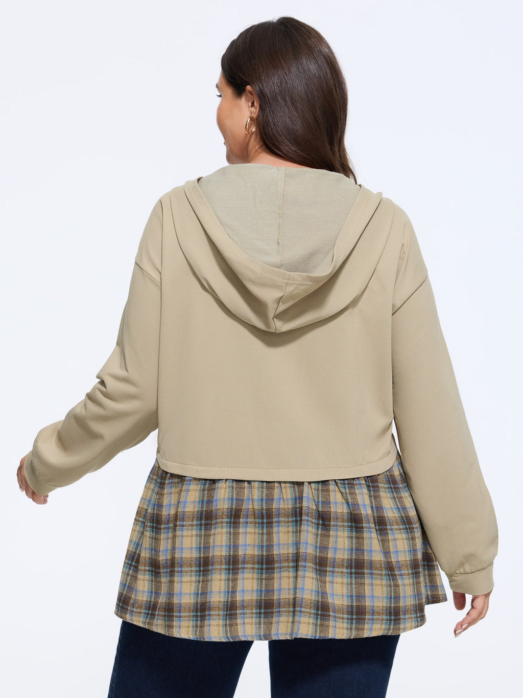 Color‑Block Plaid Patchwork Hooded Sweatshirt