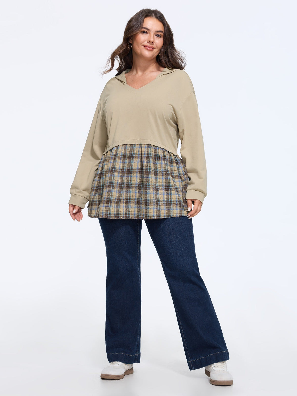 Color‑Block Plaid Patchwork Hooded Sweatshirt