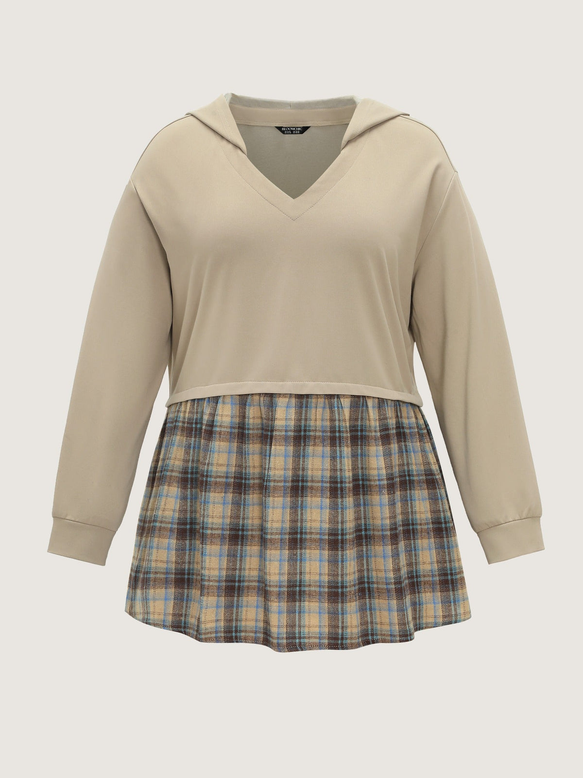 Color‑Block Plaid Patchwork Hooded Sweatshirt
