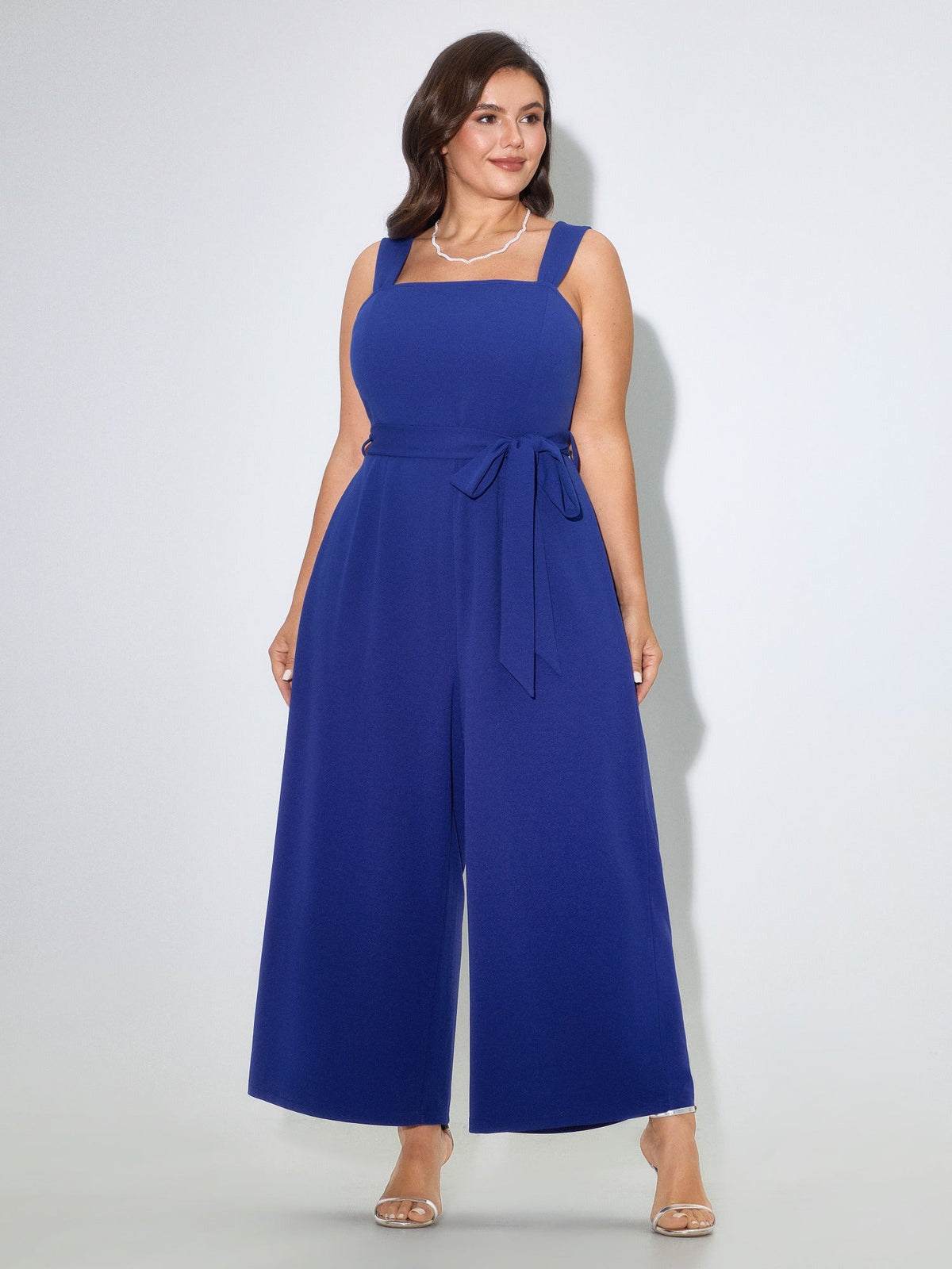 Solid Square Neck Sleeveless Belted Wide Leg Jumpsuit