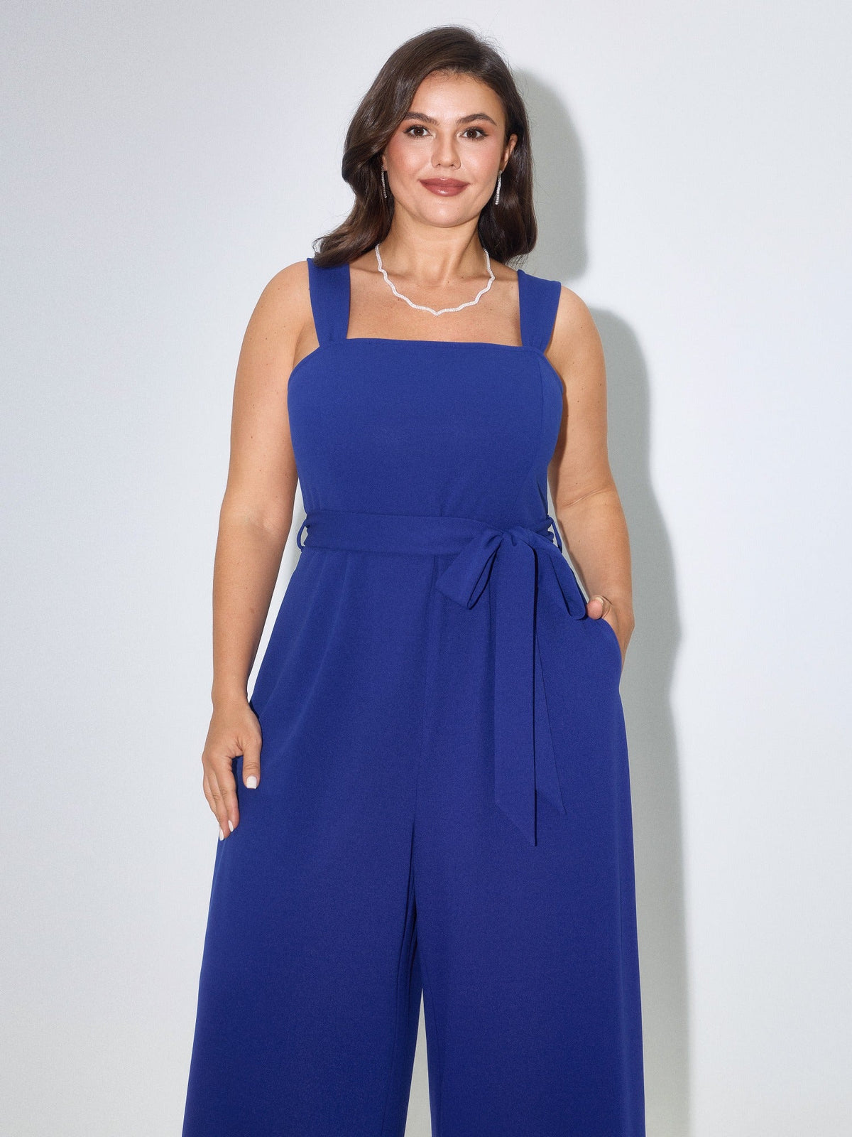 Solid Square Neck Sleeveless Belted Wide Leg Jumpsuit