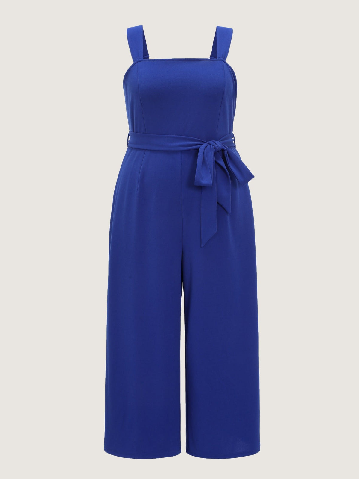 Solid Square Neck Sleeveless Belted Wide Leg Jumpsuit