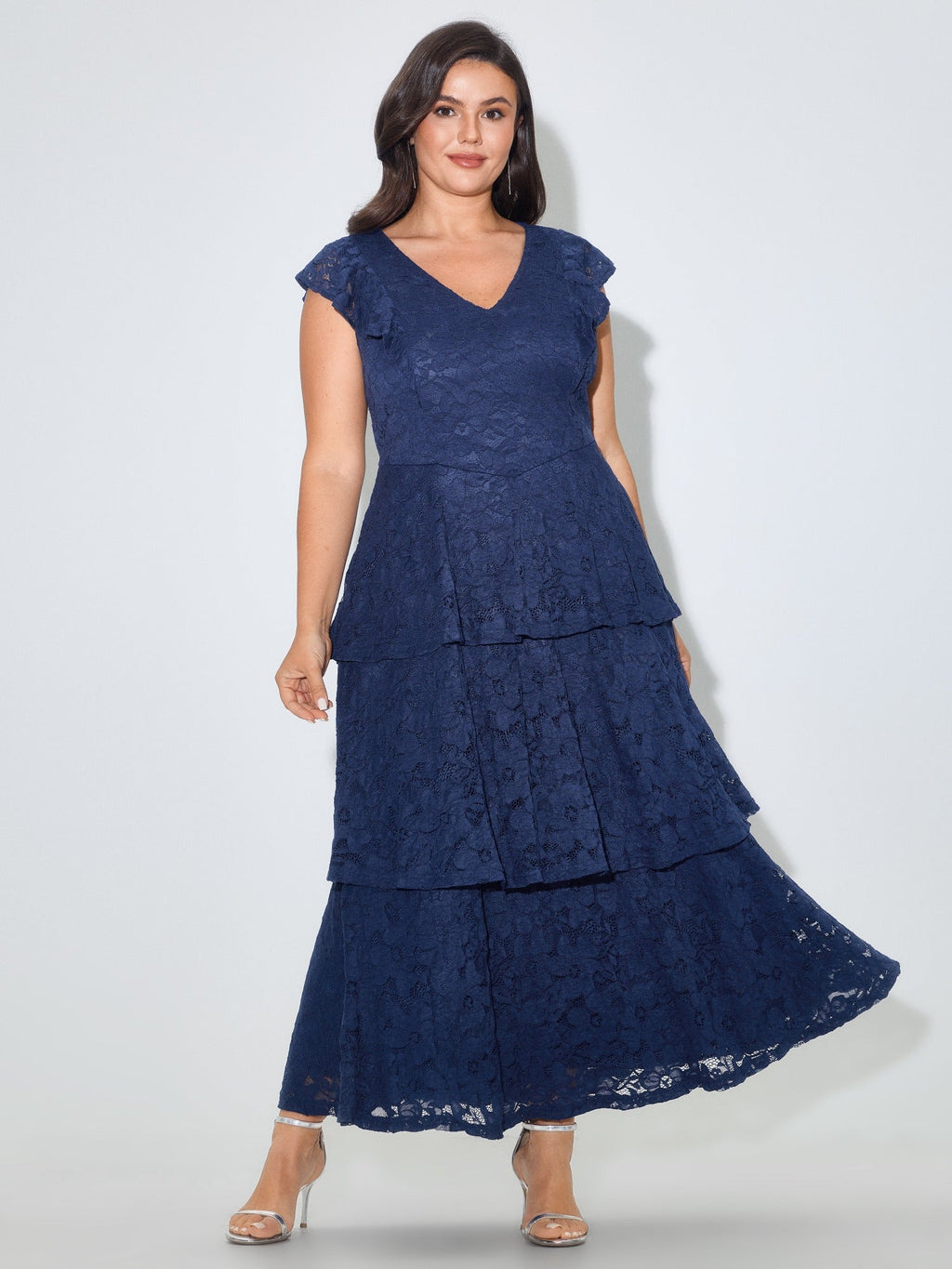 Lace Mesh Flutter Sleeve Ruffle Layered Maxi Dress
