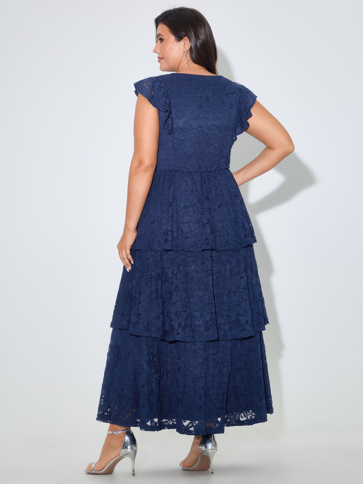 Lace Mesh Flutter Sleeve Ruffle Layered Maxi Dress
