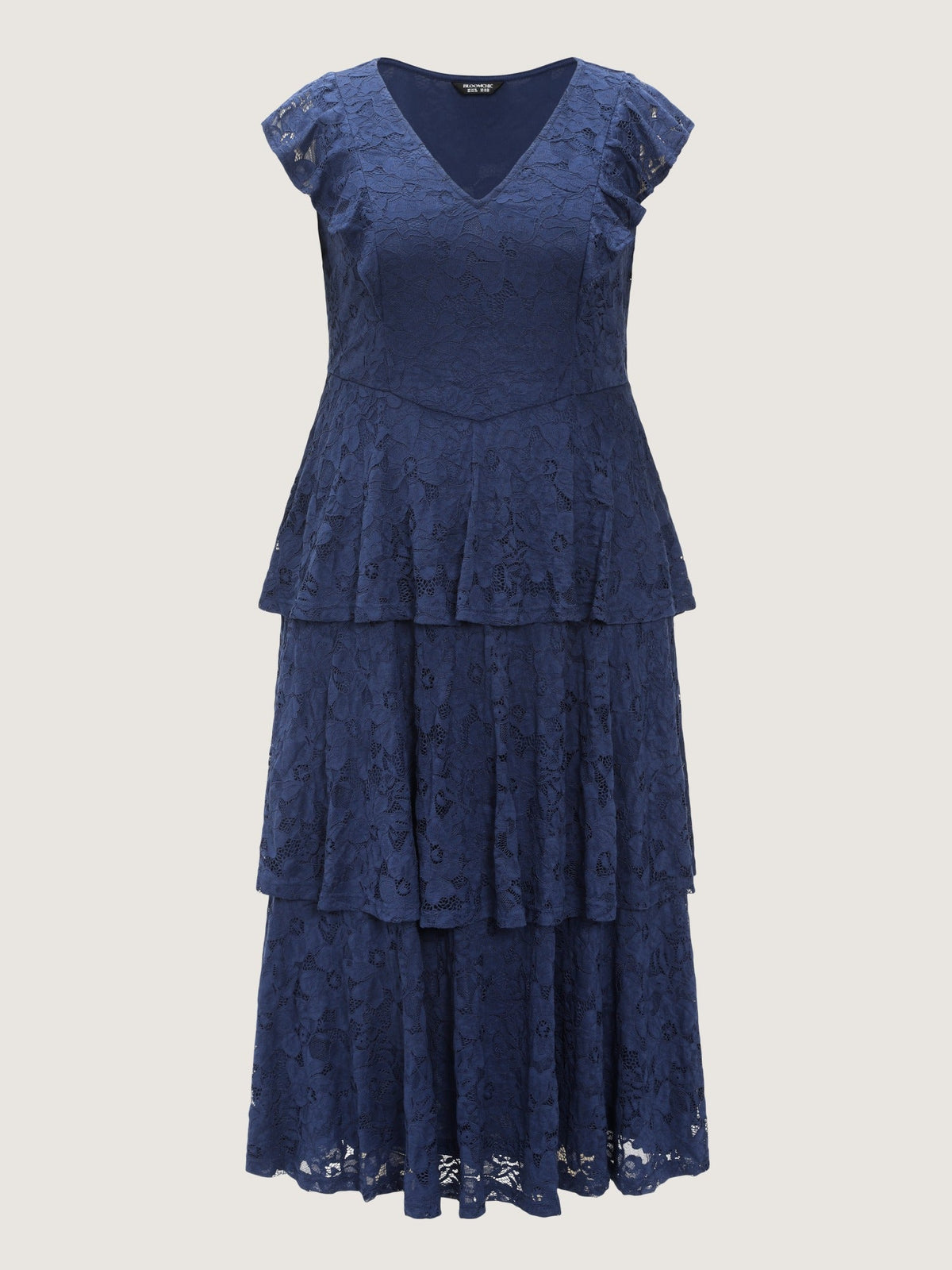 Lace Mesh Flutter Sleeve Ruffle Layered Maxi Dress