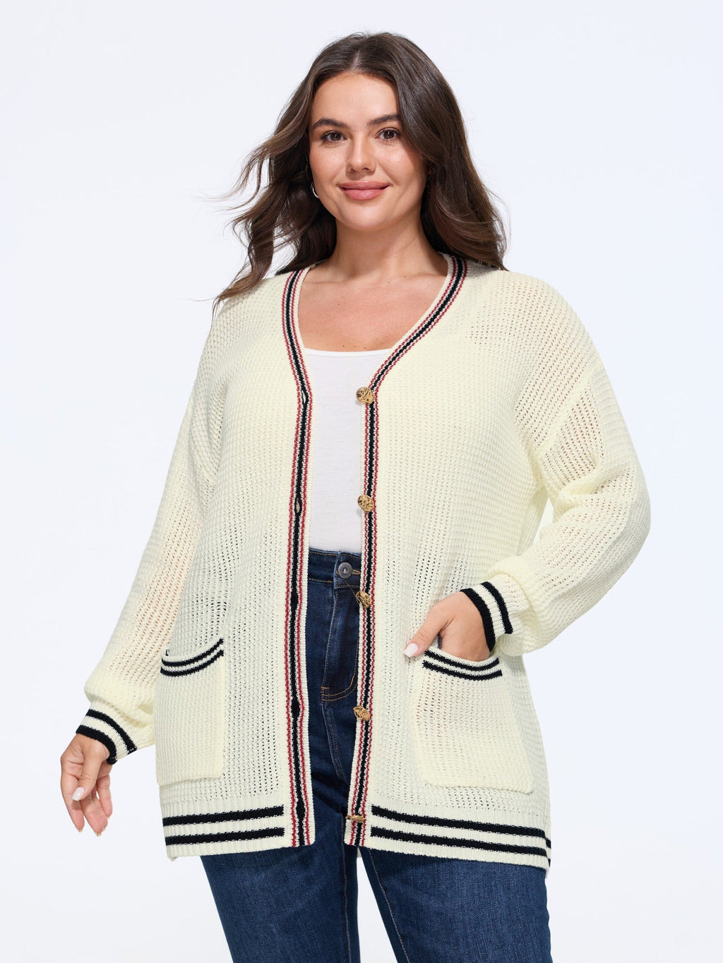 Striped Trim Cut Out Pocket Cardigan