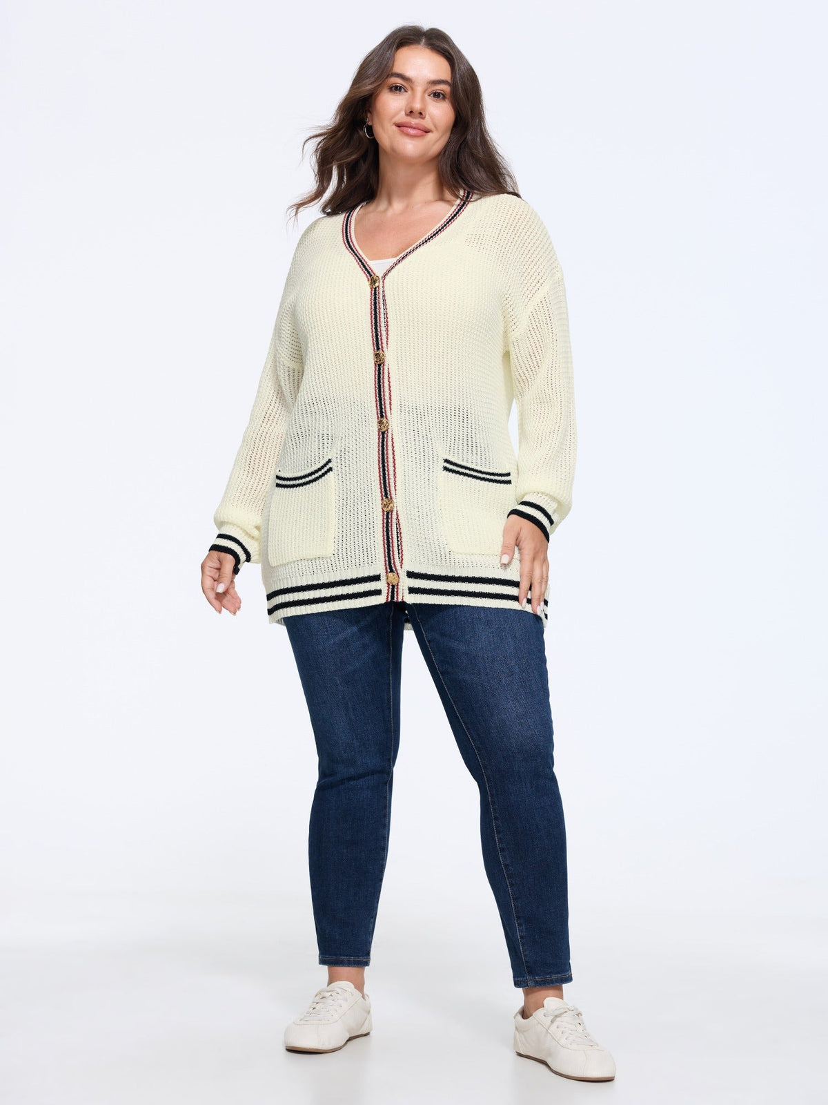 Striped Trim Cut Out Pocket Cardigan