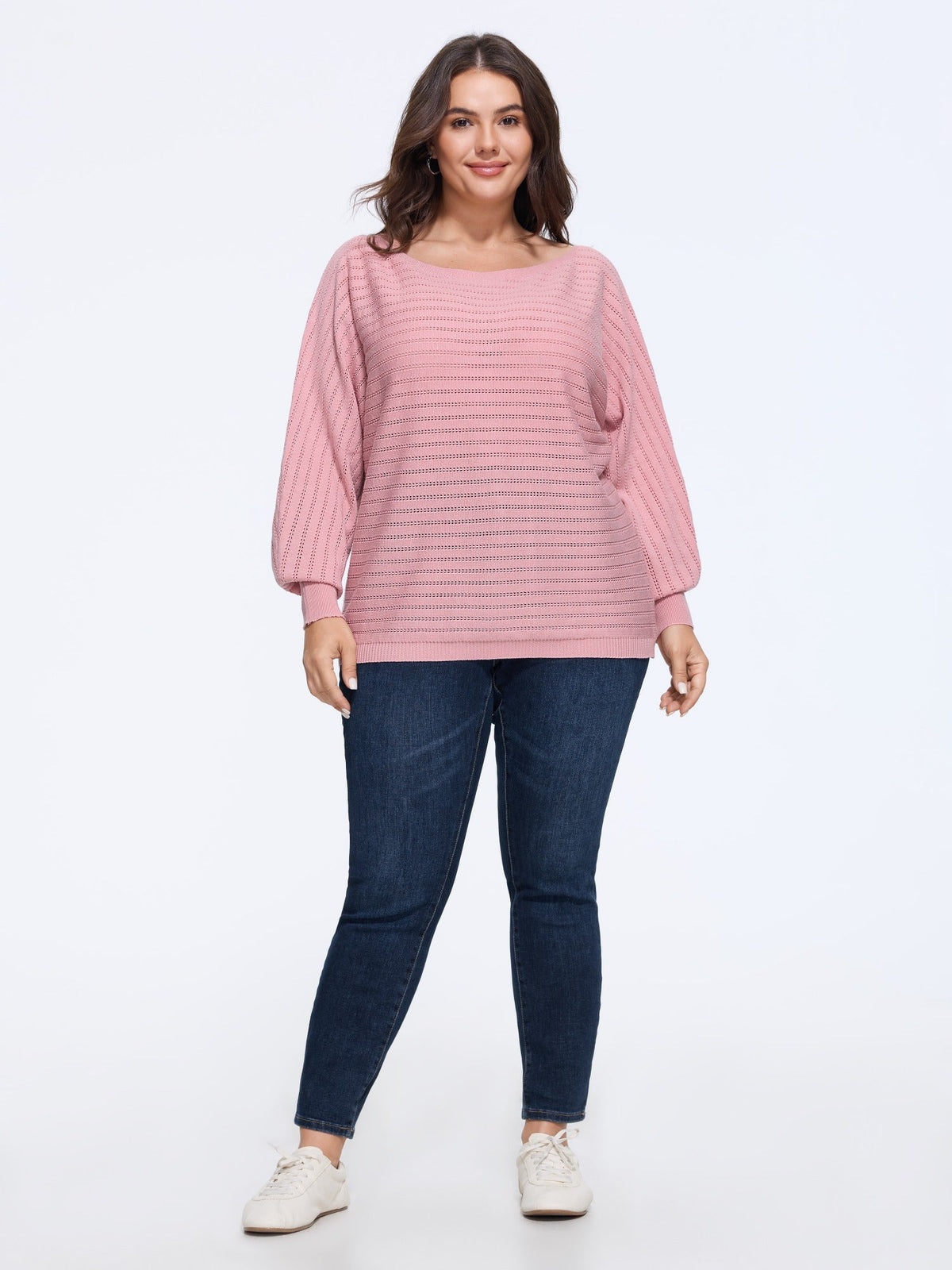 Boat Neck Eyelet Stripe Casual Pullover