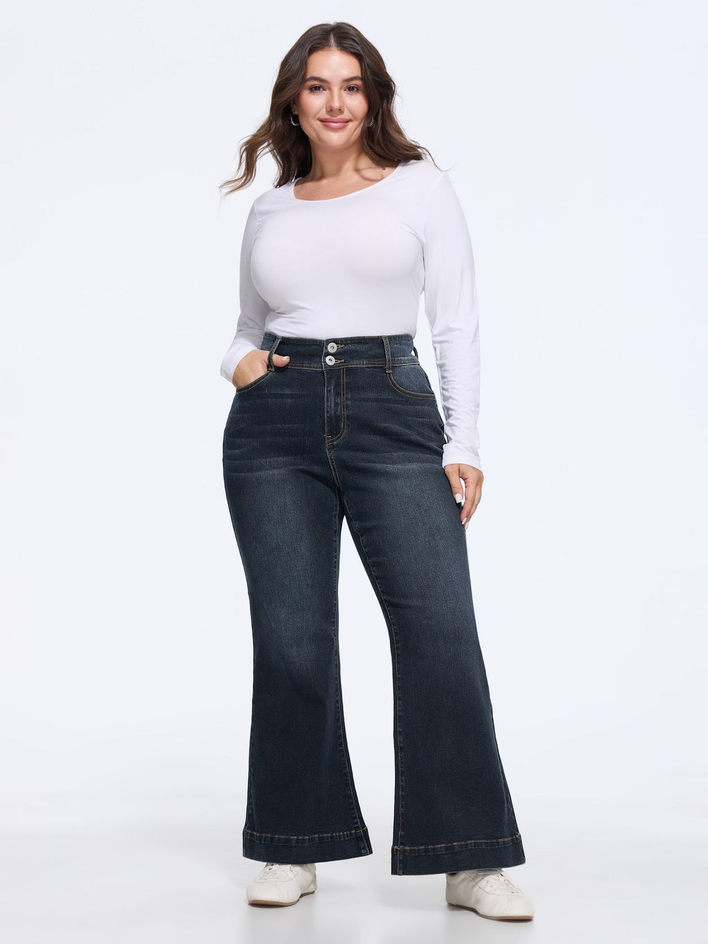 Stretch Wash Double Button Flare Jeans