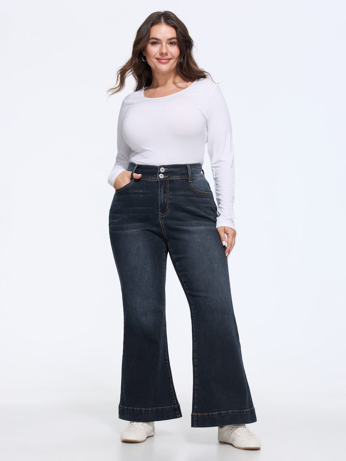 Stretch Wash Double Button Flare Jeans