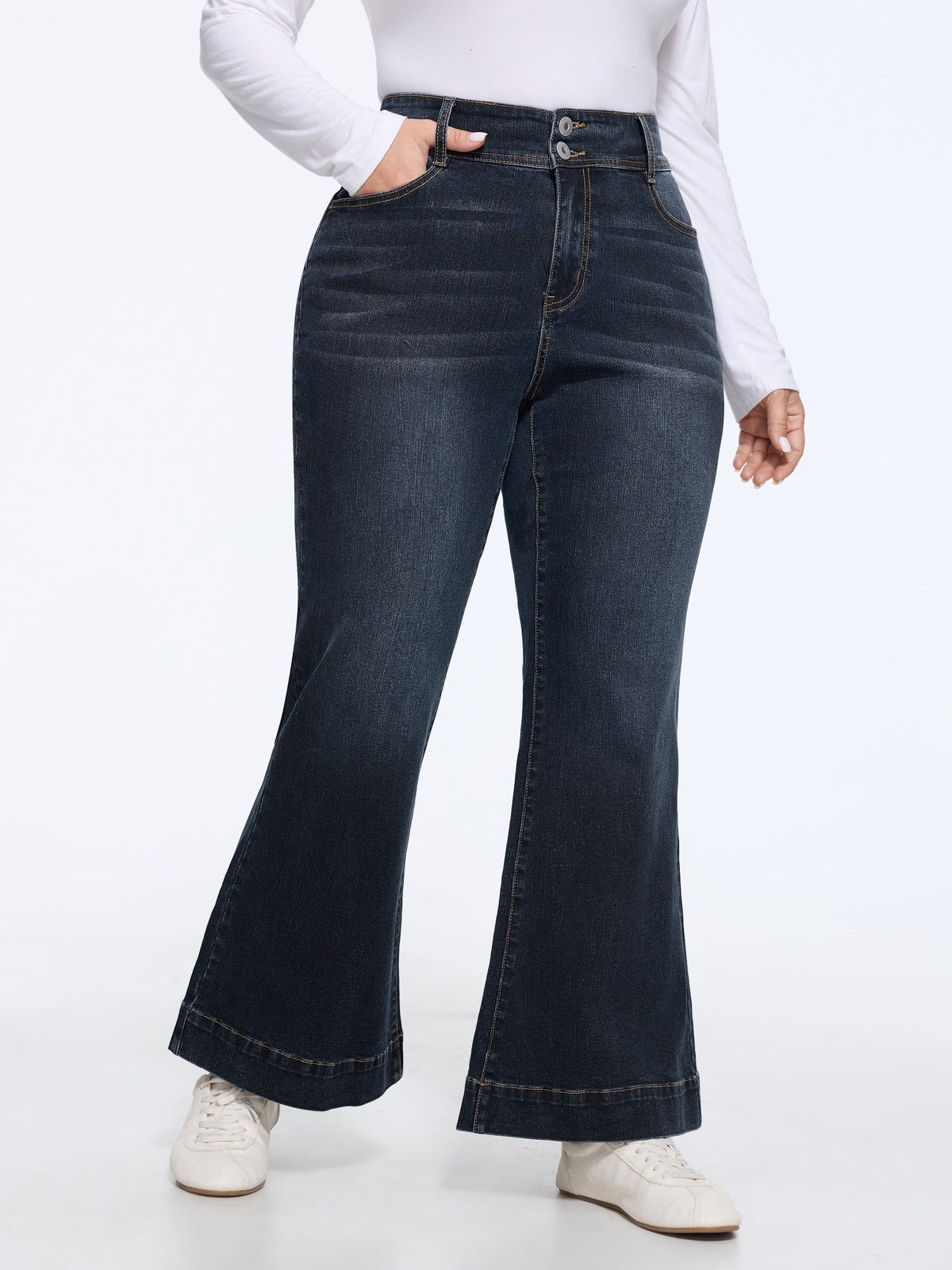 Stretch Wash Double Button Flare Jeans