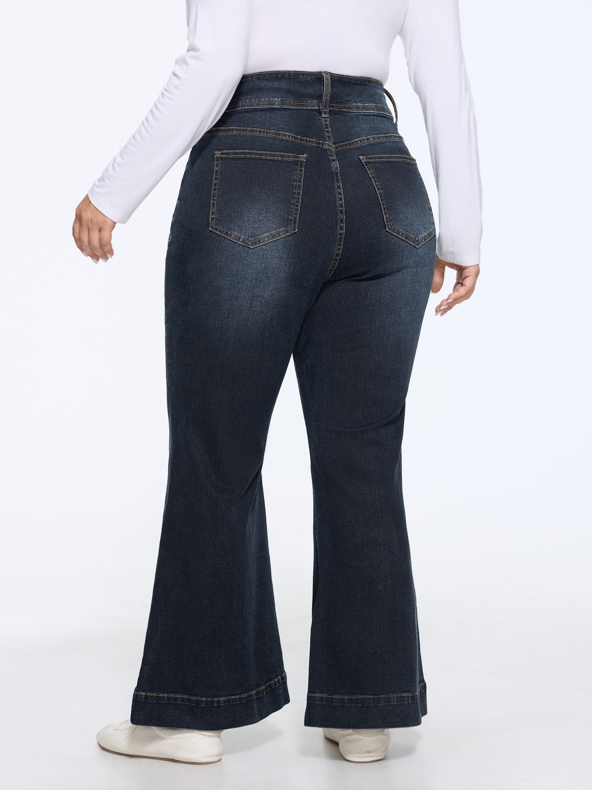 Stretch Wash Double Button Flare Jeans