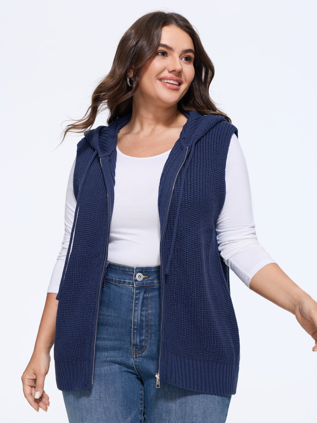 Textured Full Zip Drawstring Hooded Sweater Vest