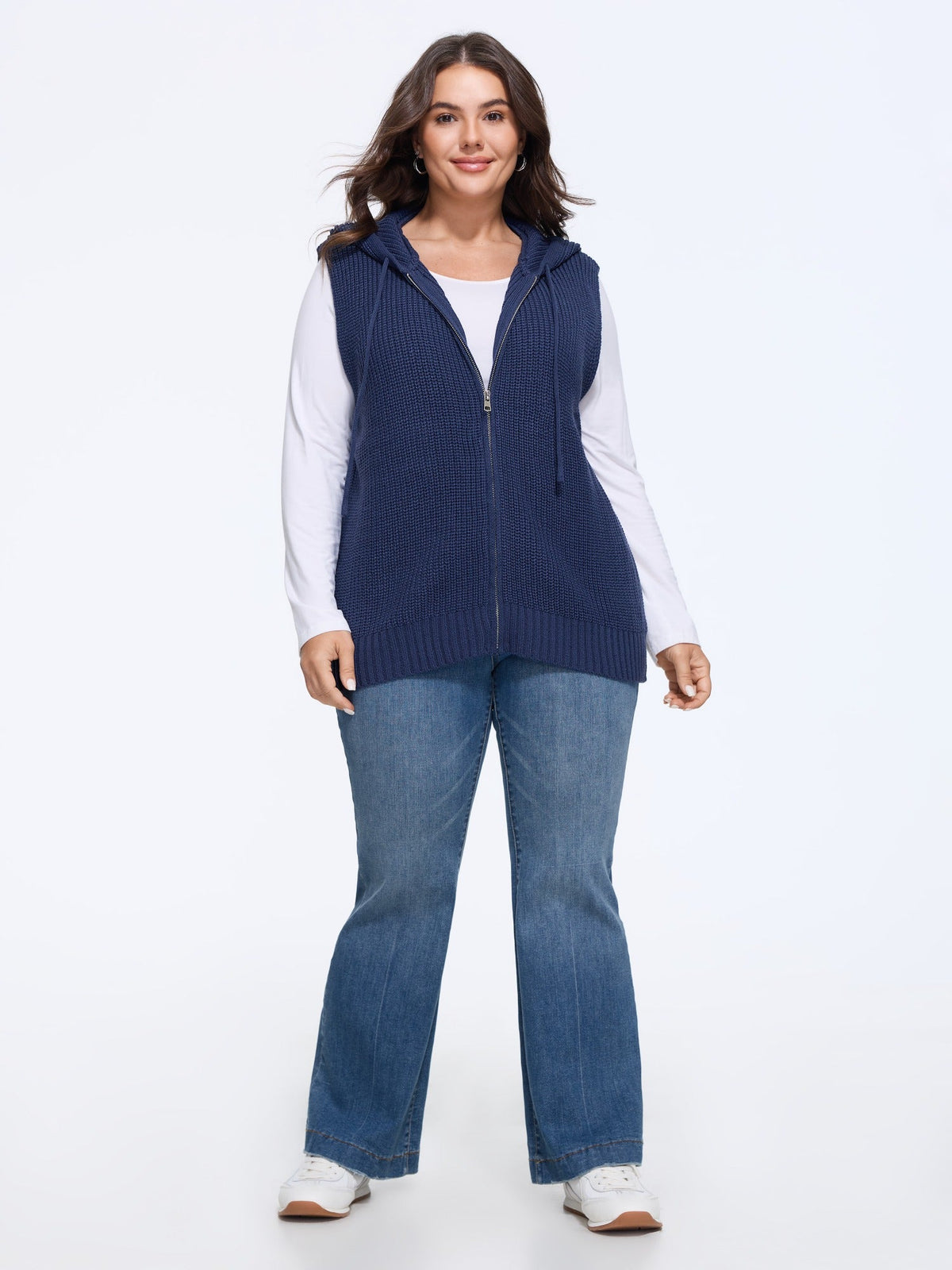 Textured Full Zip Drawstring Hooded Sweater Vest