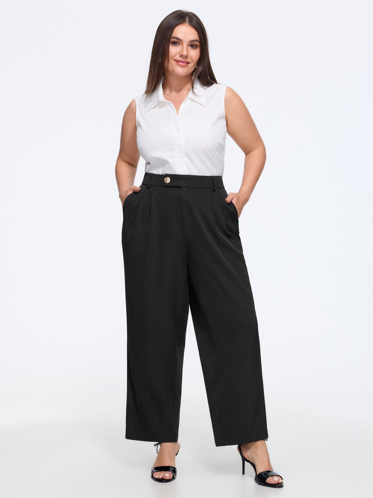Stretchy Metal Button Pleated Straight Leg Pants