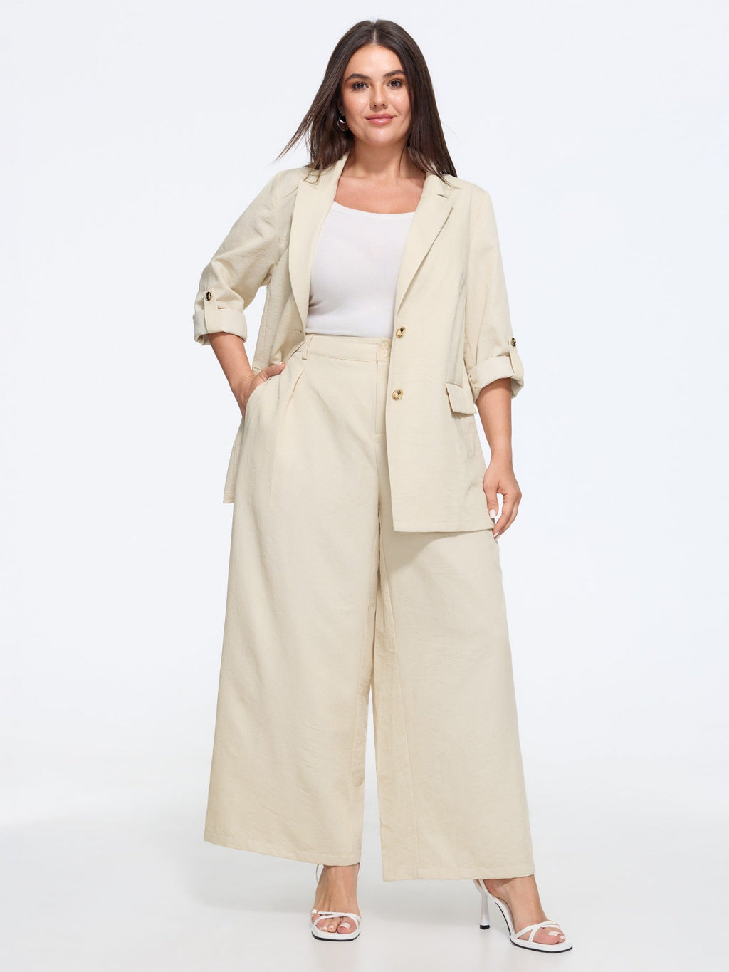 Double Button Waist Pleated Wide Leg Pants