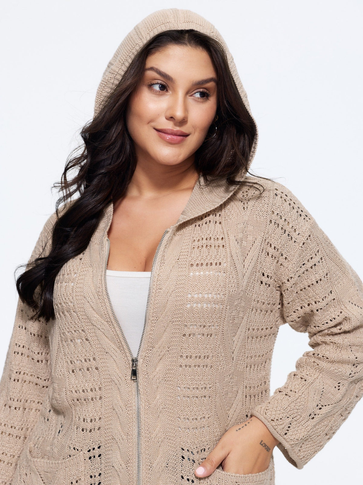 Textured Full Zip Cut Out Hooded Cardigan