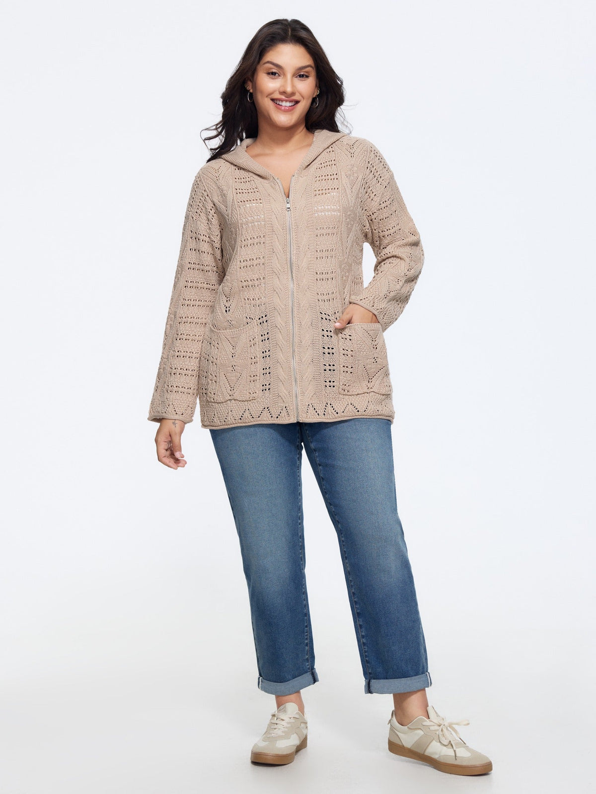 Textured Full Zip Cut Out Hooded Cardigan