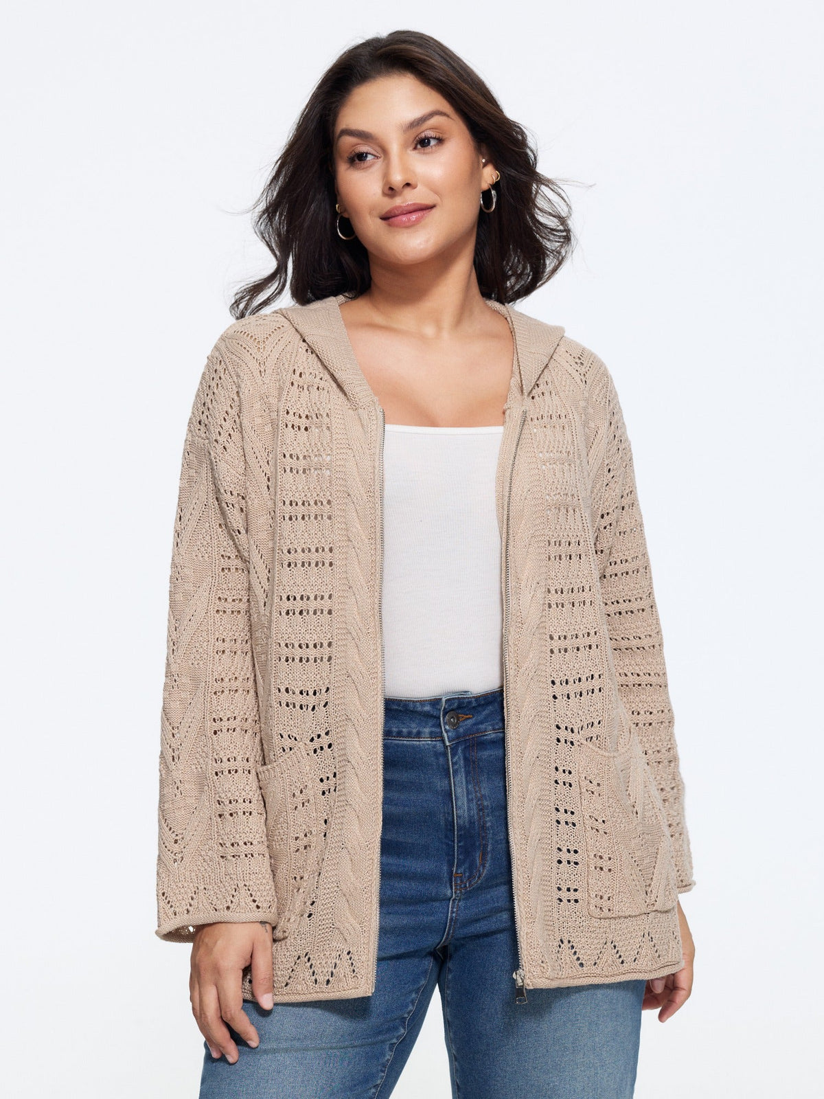 Textured Full Zip Cut Out Hooded Cardigan