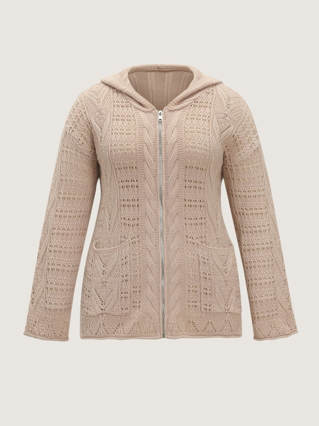 Textured Full Zip Cut Out Hooded Cardigan