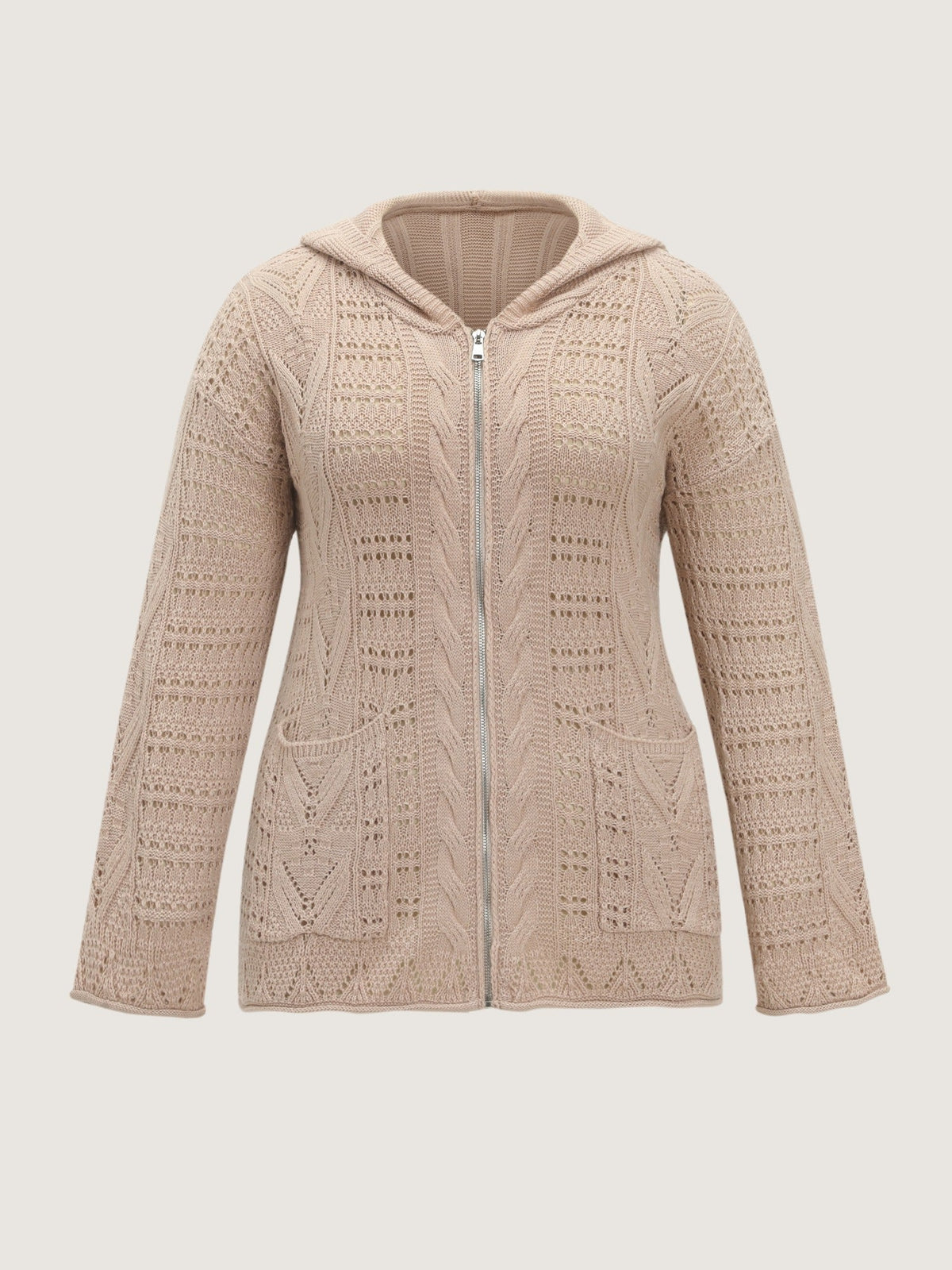 Textured Full Zip Cut Out Hooded Cardigan