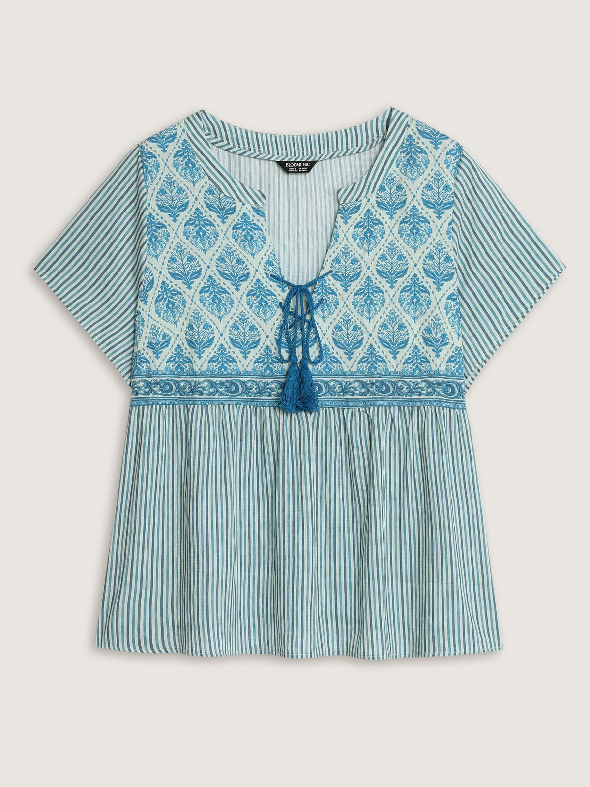 Boho Striped Print Tassel Tie Blouse
