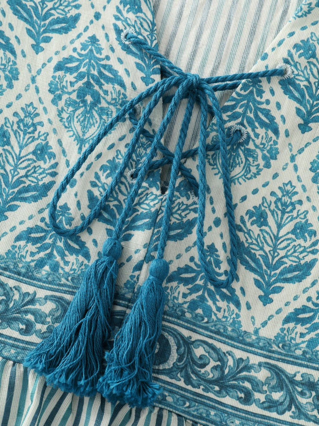 Boho Striped Print Tassel Tie Blouse