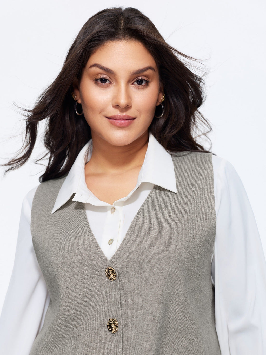 Heather Ribbed Metal Buttons Sweater Vest