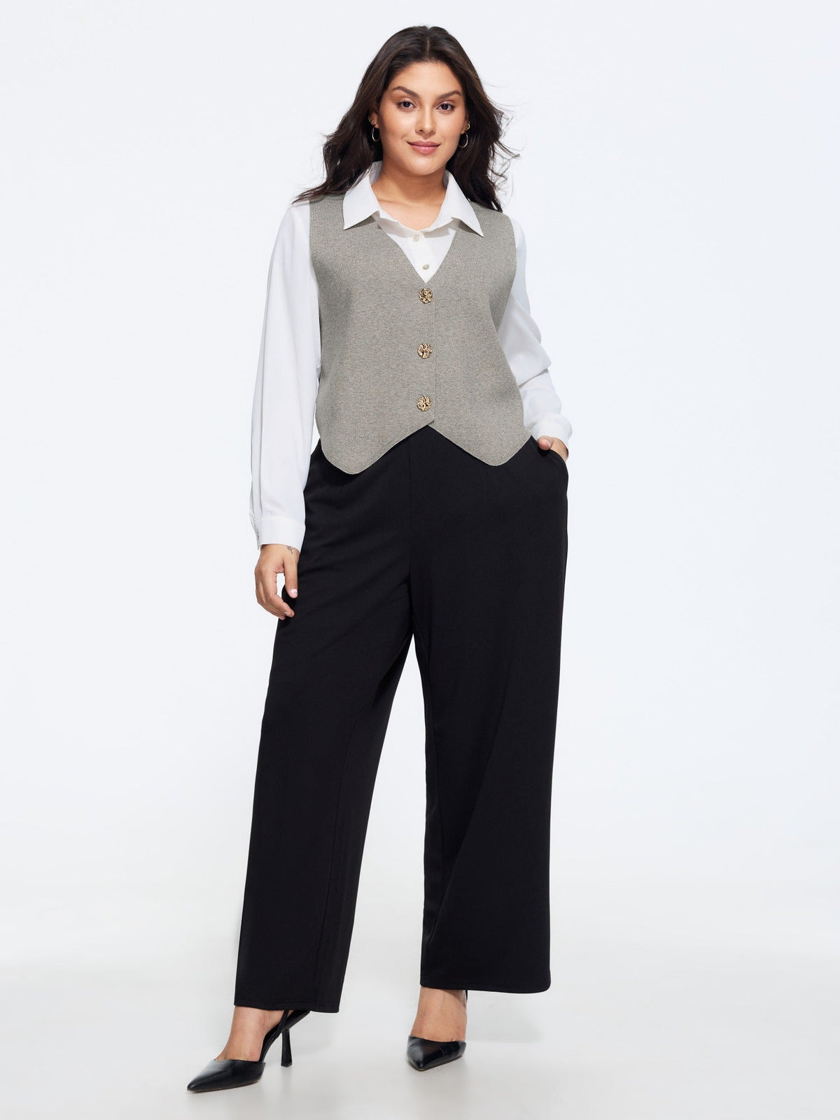 Heather Ribbed Metal Buttons Sweater Vest