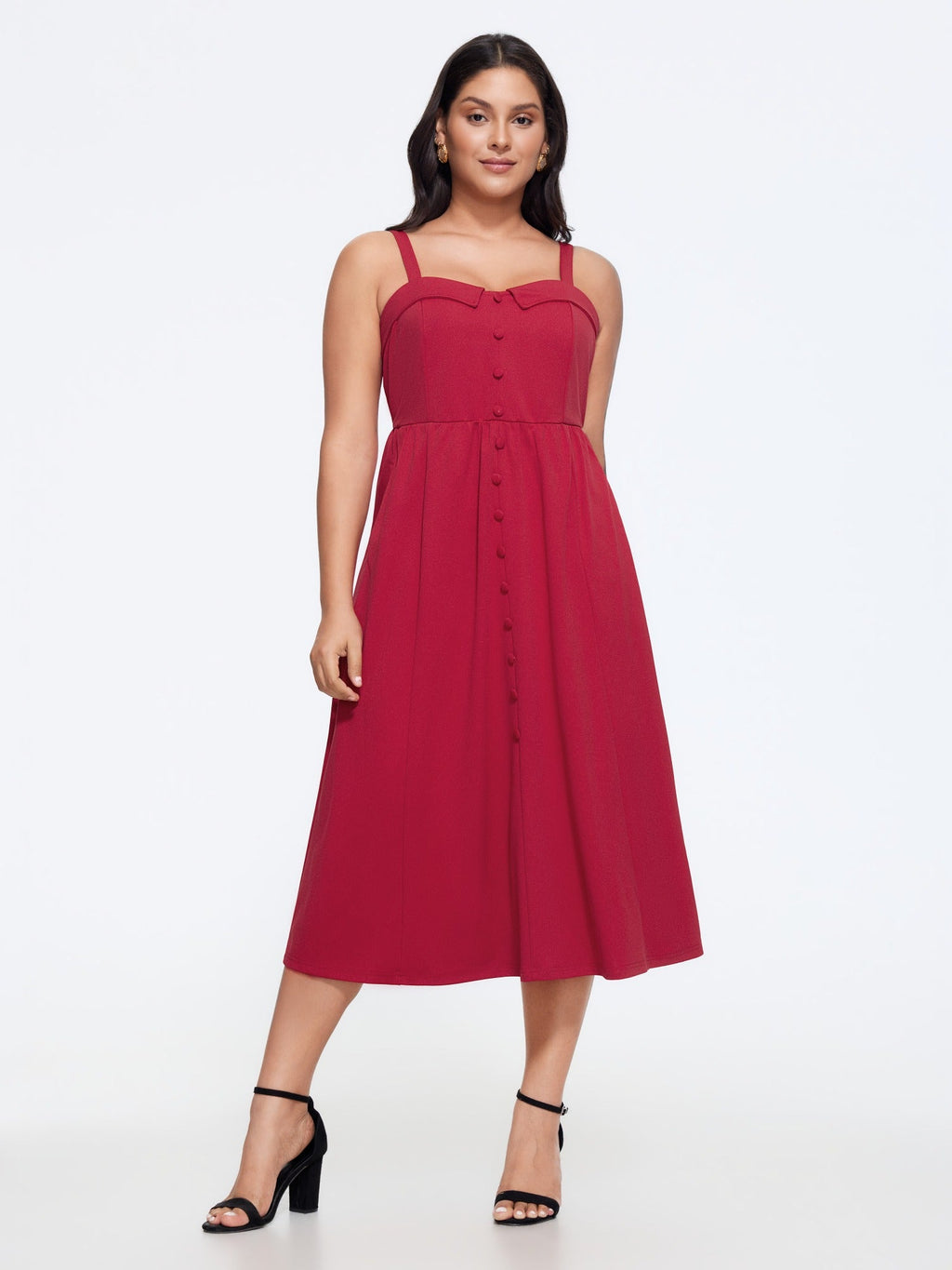 Solid Button Detail Spaghetti Strap Midi Dress