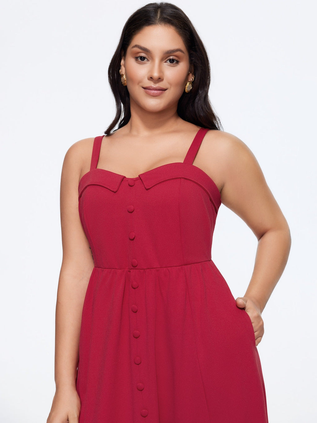 Solid Button Detail Spaghetti Strap Midi Dress